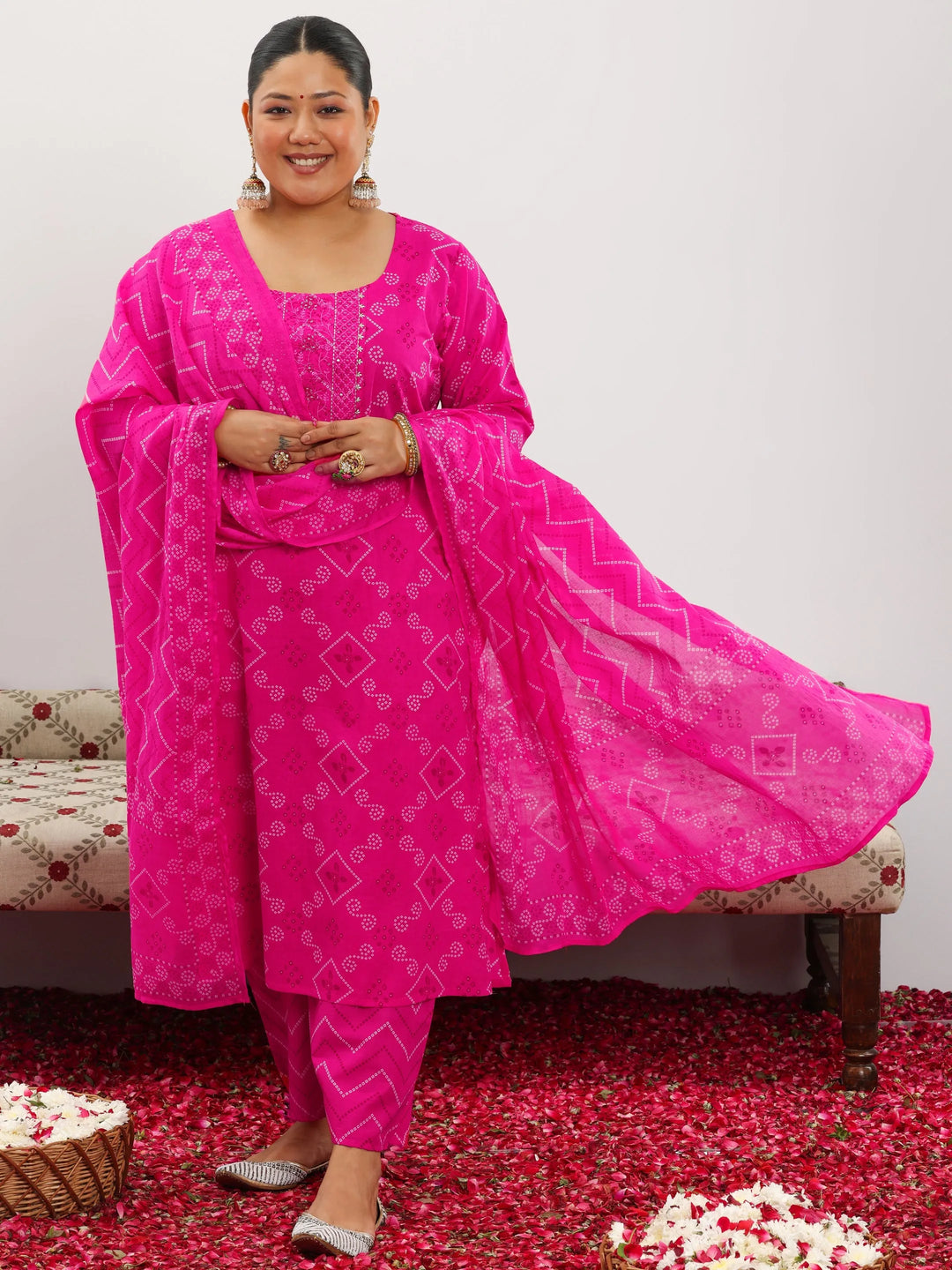  Plus Size Pink Printed Cotton Straight Suit With Dupatta 