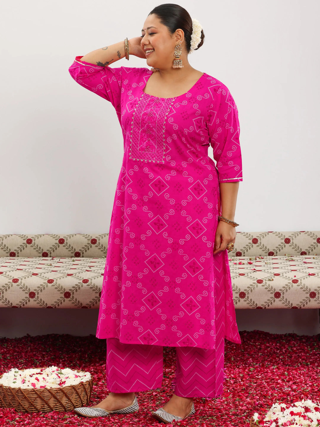 Plus Size Pink Printed Cotton Straight Suit With Dupatta 