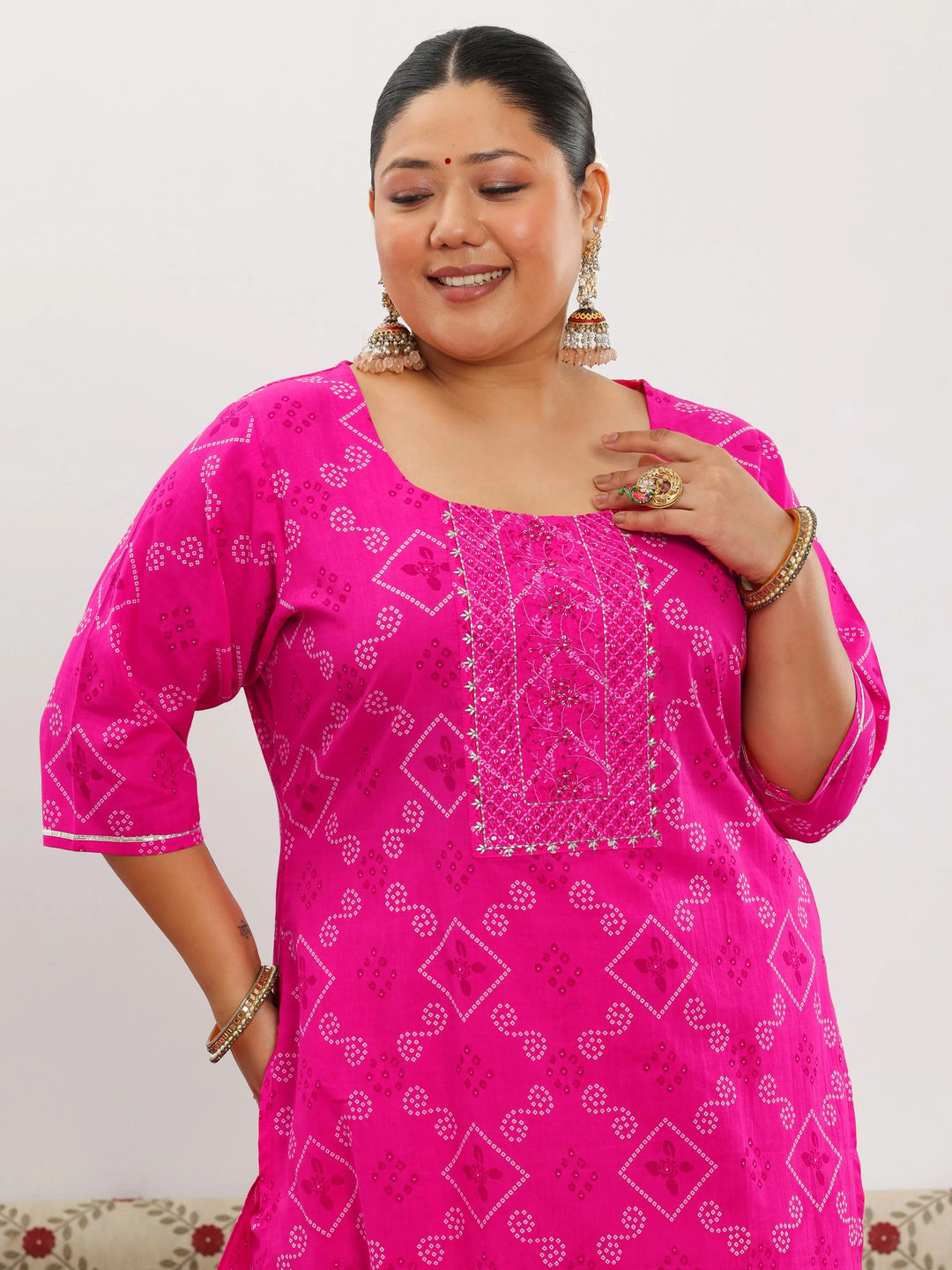  Plus Size Pink Printed Cotton Straight Suit With Dupatta 