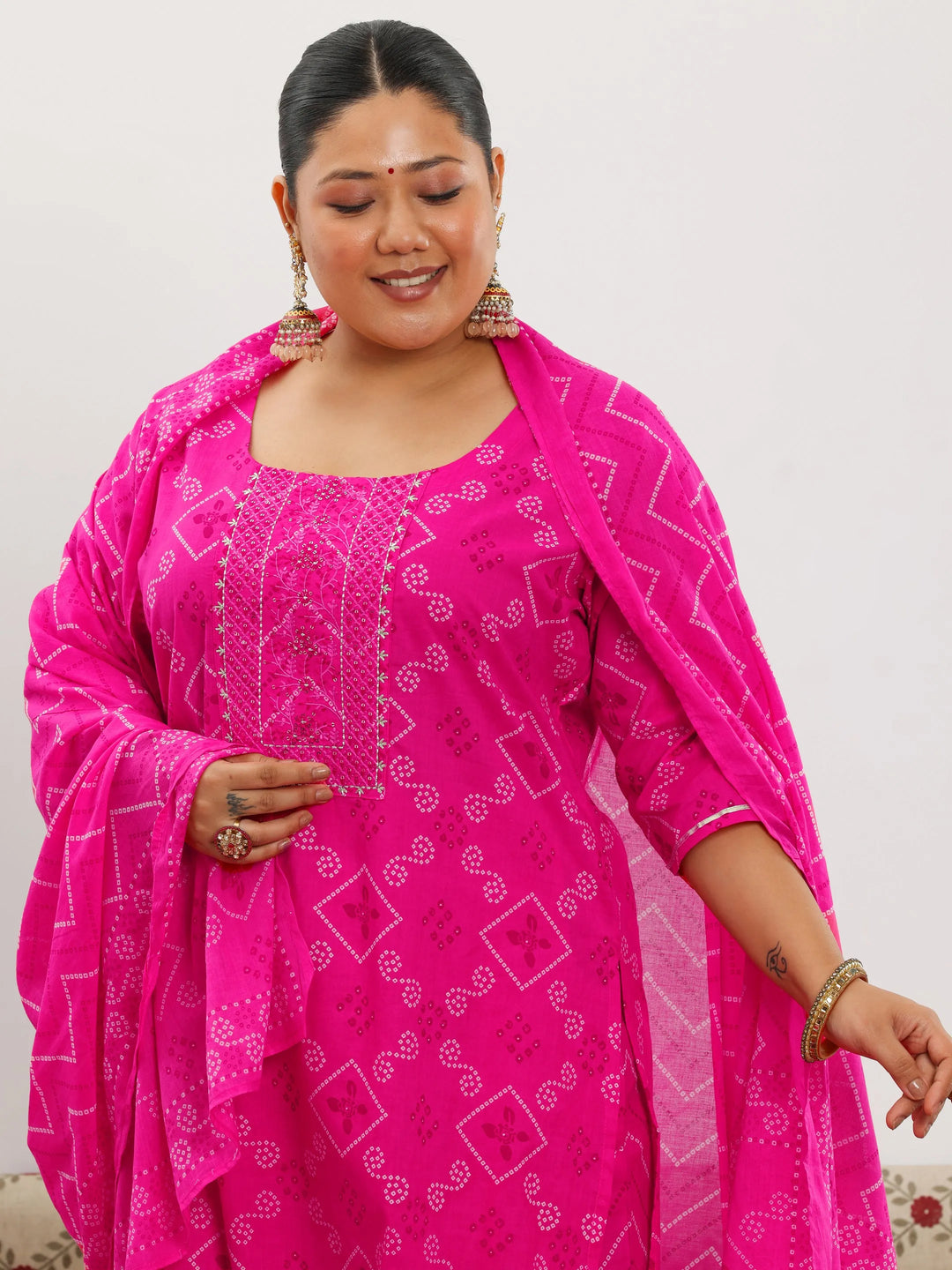  Plus Size Pink Printed Cotton Straight Suit With Dupatta 