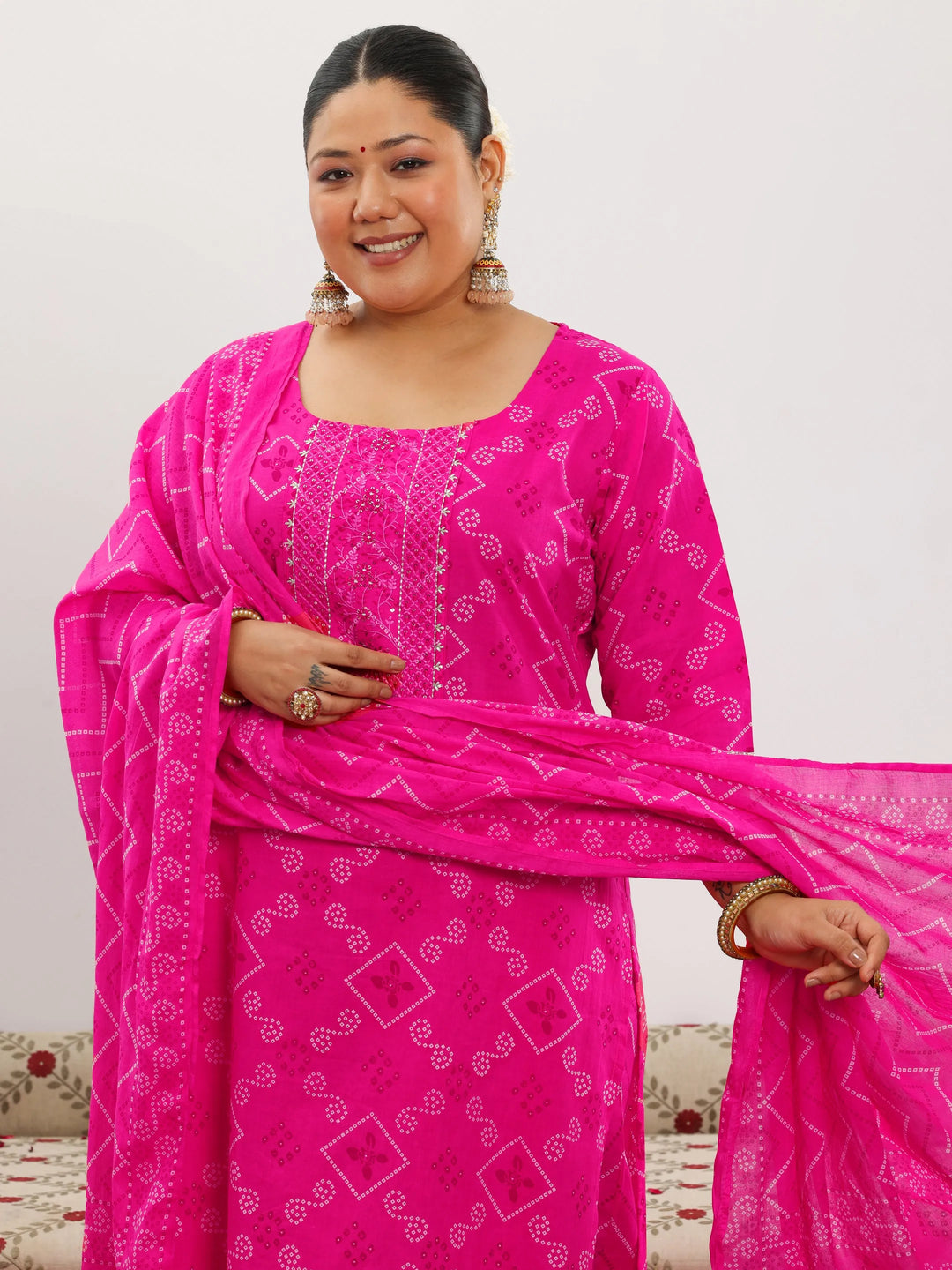  Plus Size Pink Printed Cotton Straight Suit With Dupatta 