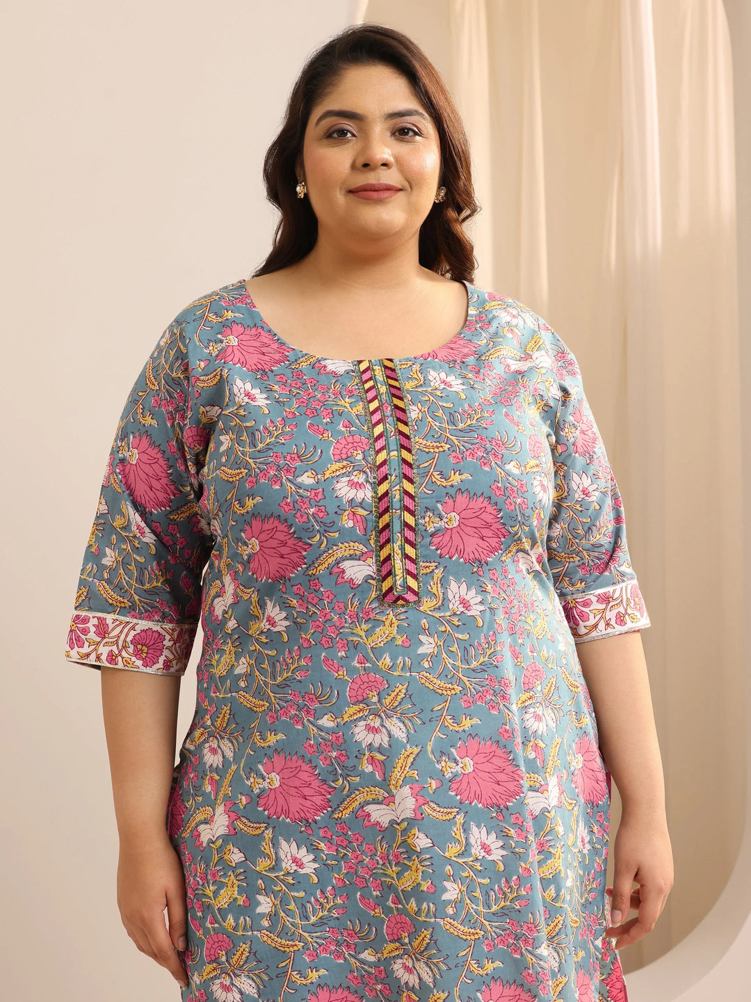  Plus Size Blue Printed Cotton Straight Suit Set With Dupatta 