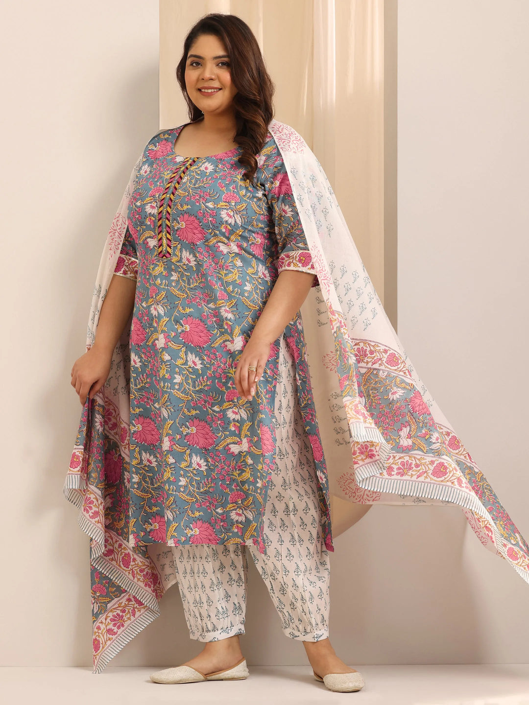  Plus Size Blue Printed Cotton Straight Suit Set With Dupatta 