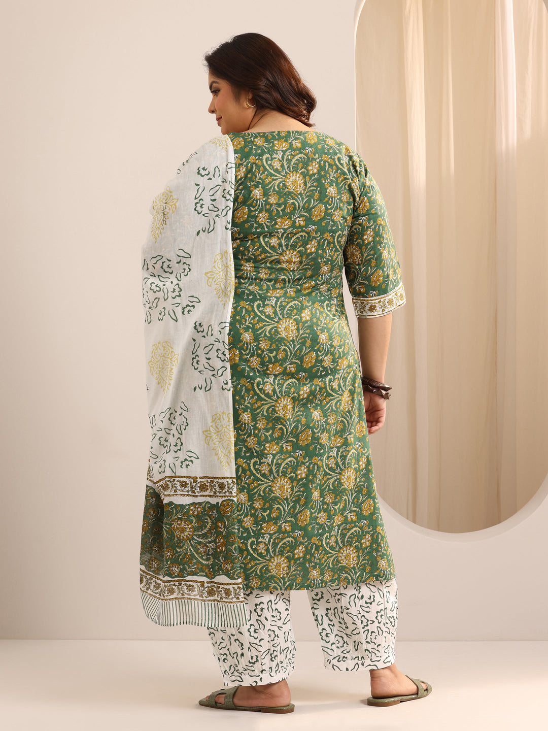  Plus Size Green Printed Cotton Straight Suit Set With Dupatta 