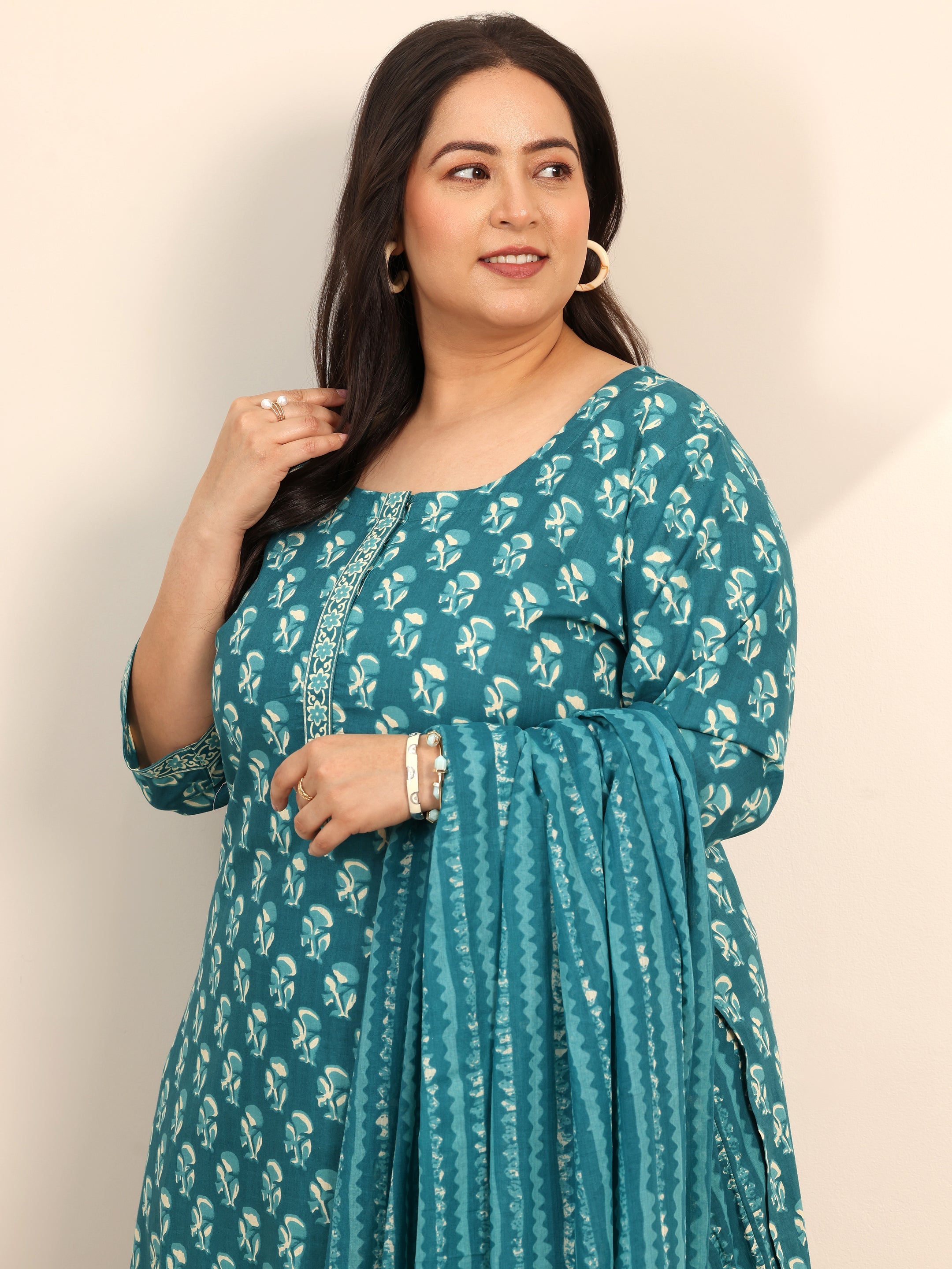 libas Plus Size Teal Printed Cotton Straight Suit Set With Dupatta-picture-26
