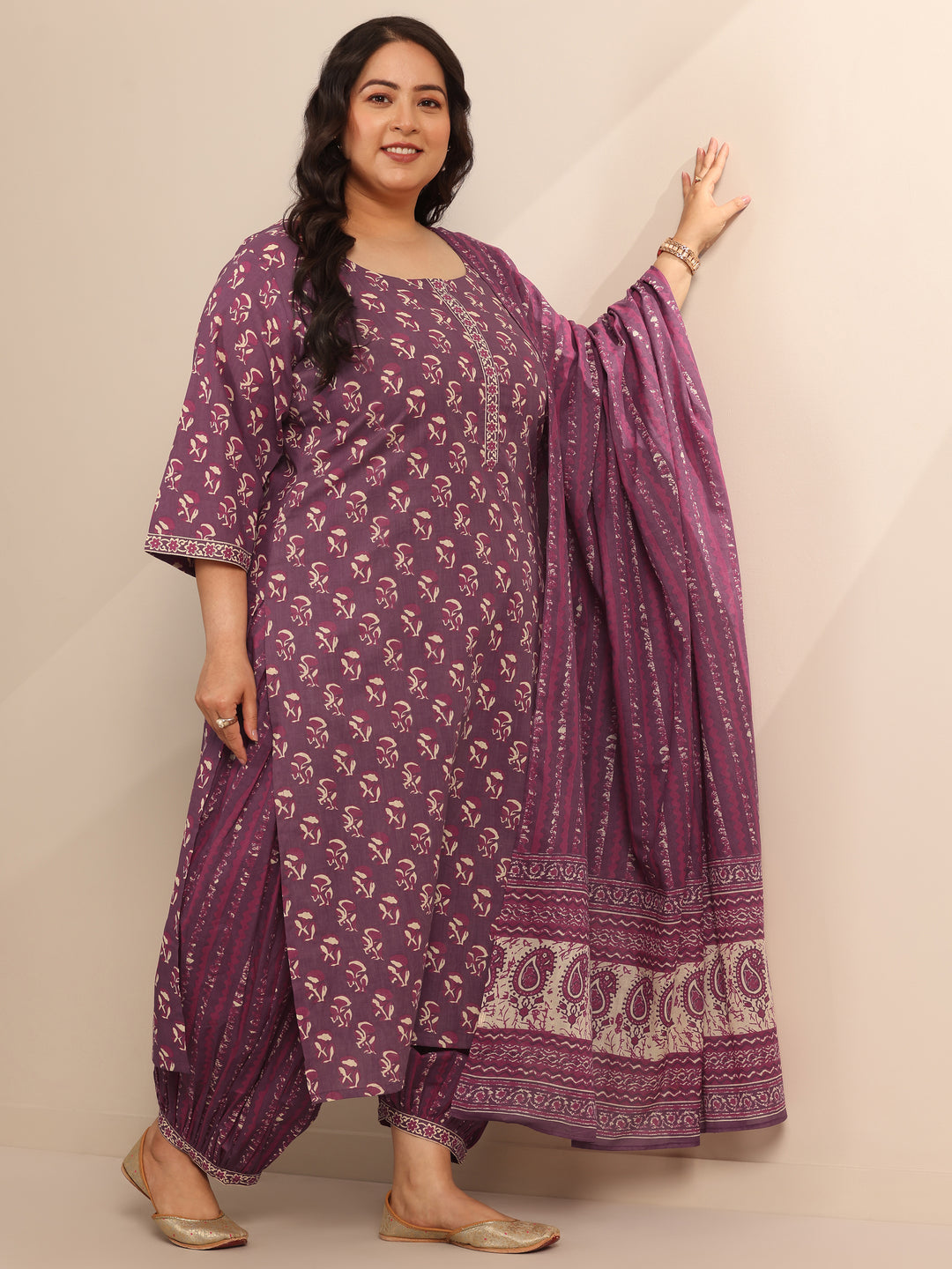 Plus Size Mauve Printed Cotton Straight Suit Set With Dupatta