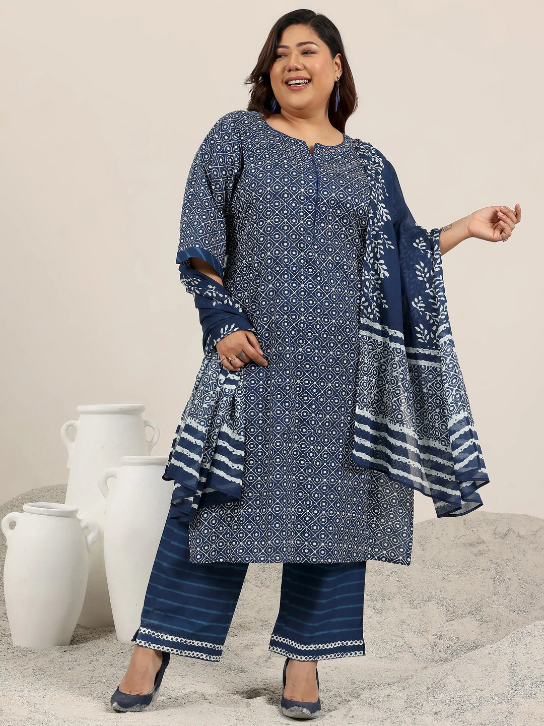  Plus Size Blue Printed Cotton Straight Suit Set With Dupatta 