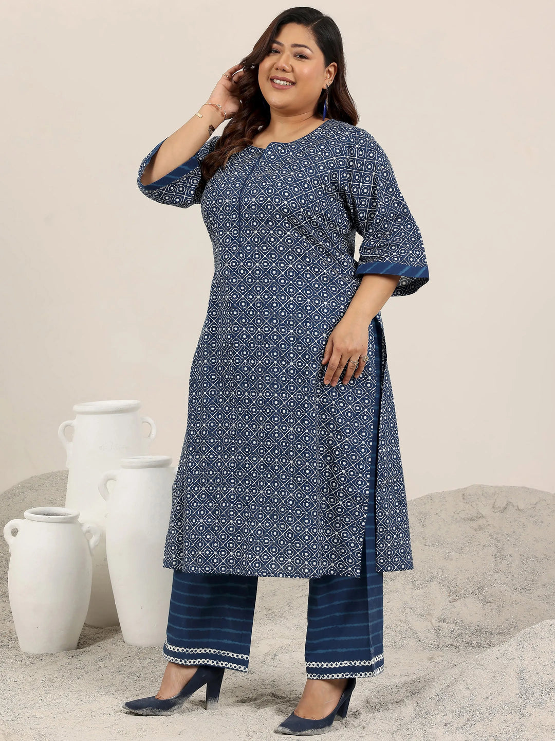  Plus Size Blue Printed Cotton Straight Suit Set With Dupatta 