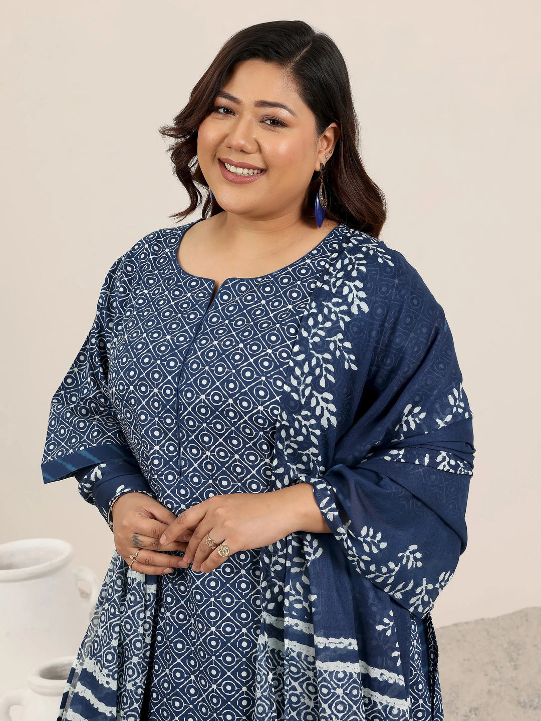  Plus Size Blue Printed Cotton Straight Suit Set With Dupatta 