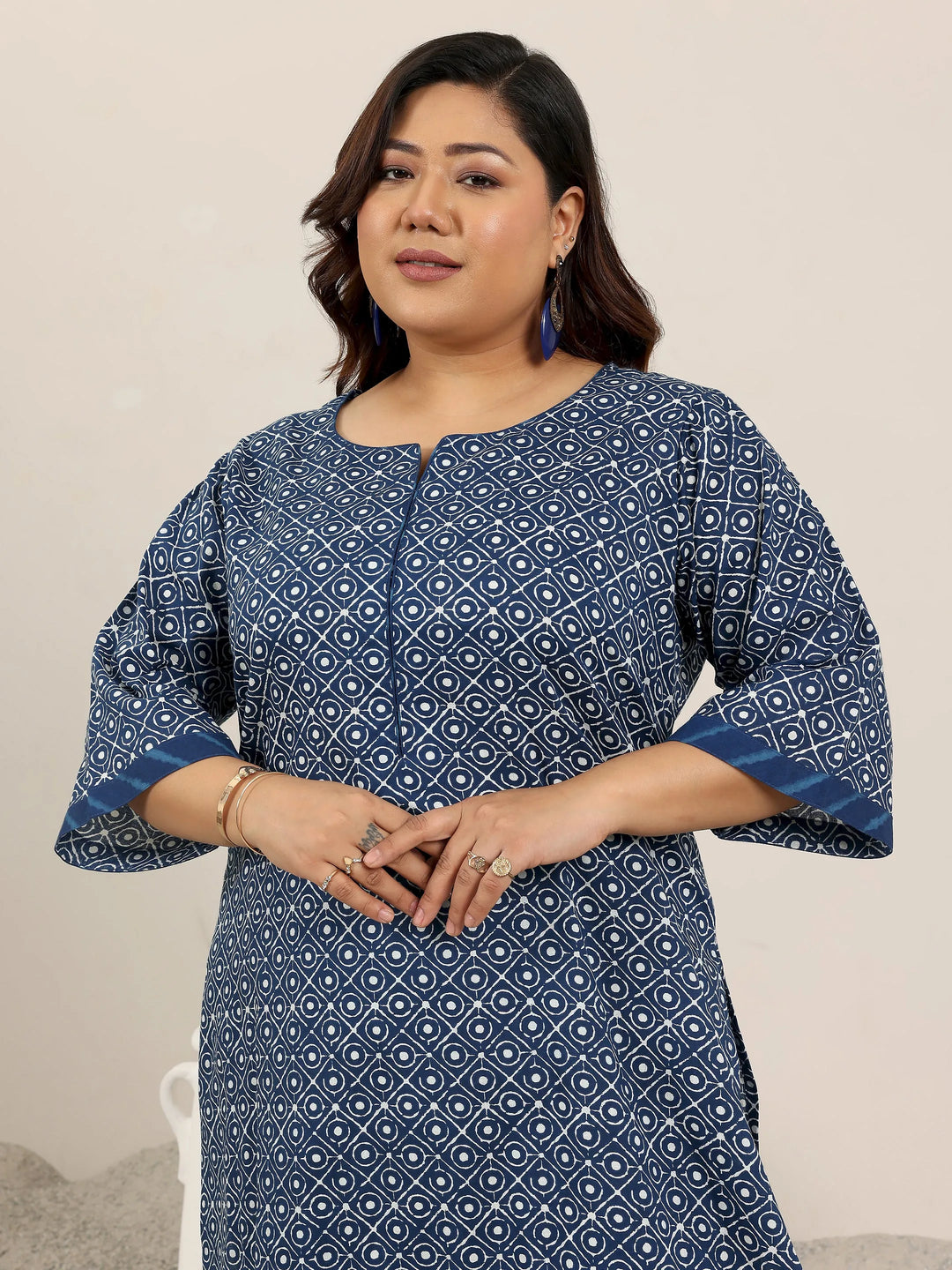  Plus Size Blue Printed Cotton Straight Suit Set With Dupatta 