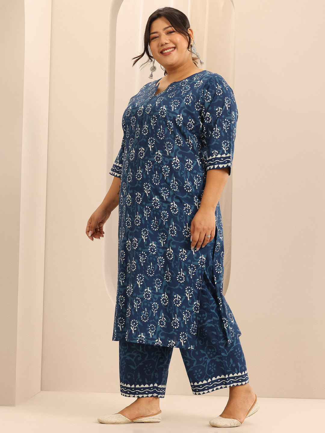  Plus Size Blue Printed Cotton Straight Suit Set With Dupatta 