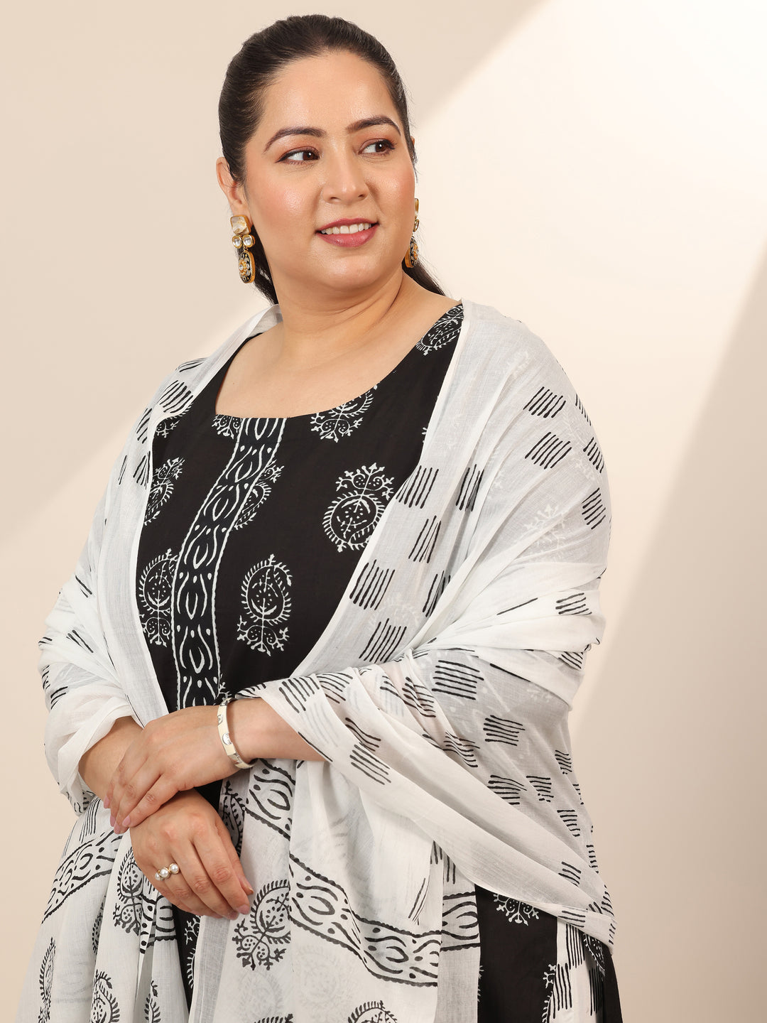 Plus Size Black Printed Cotton Straight Suit Set With Dupatta