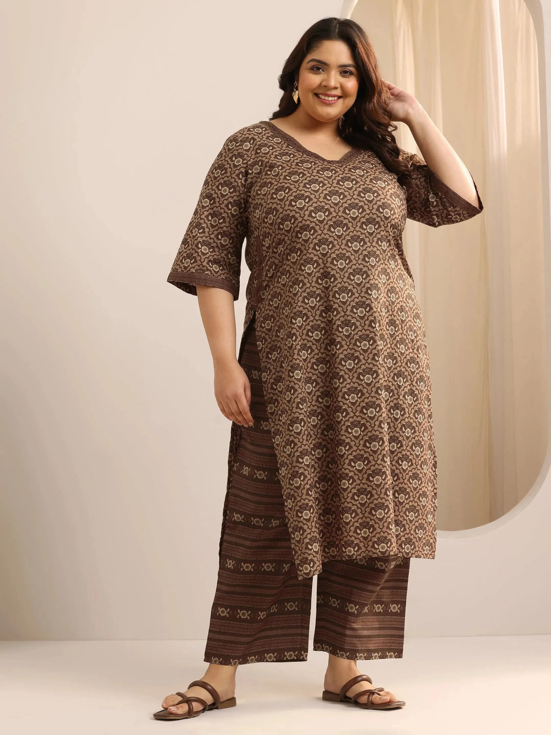  Plus Size Brown Printed Cotton Straight Kurta Set 