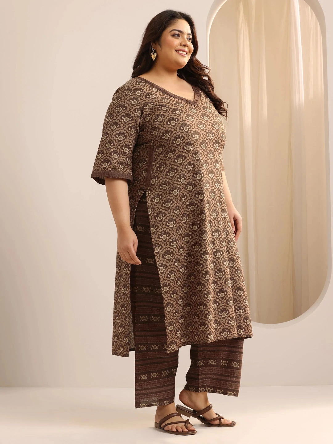  Plus Size Brown Printed Cotton Straight Kurta Set 