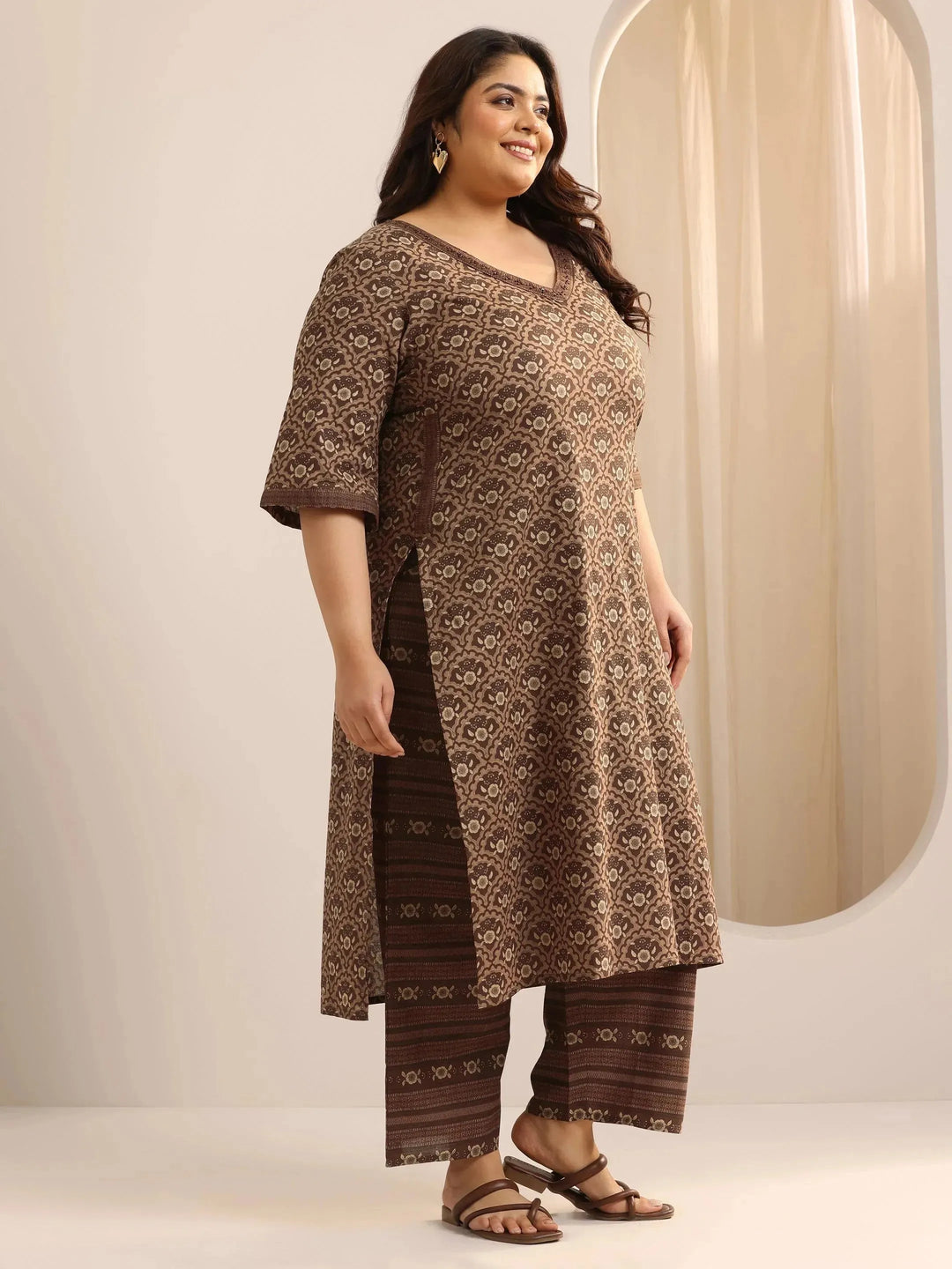  Plus Size Brown Printed Cotton Straight Kurta Set 
