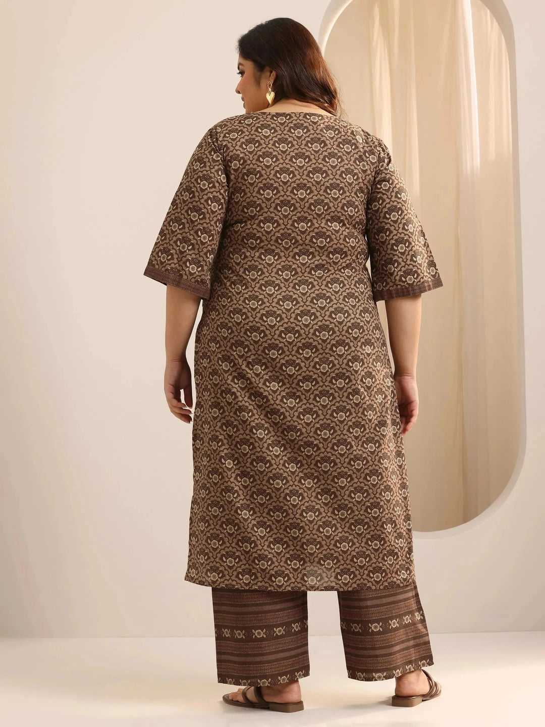  Plus Size Brown Printed Cotton Straight Kurta Set 