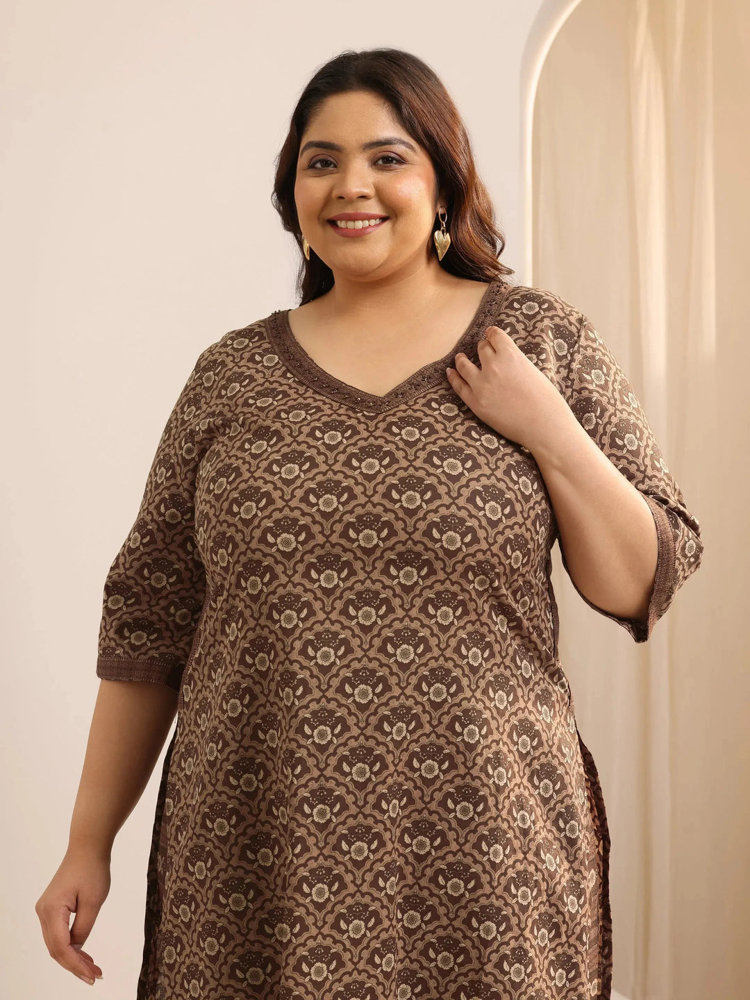  Plus Size Brown Printed Cotton Straight Kurta Set 