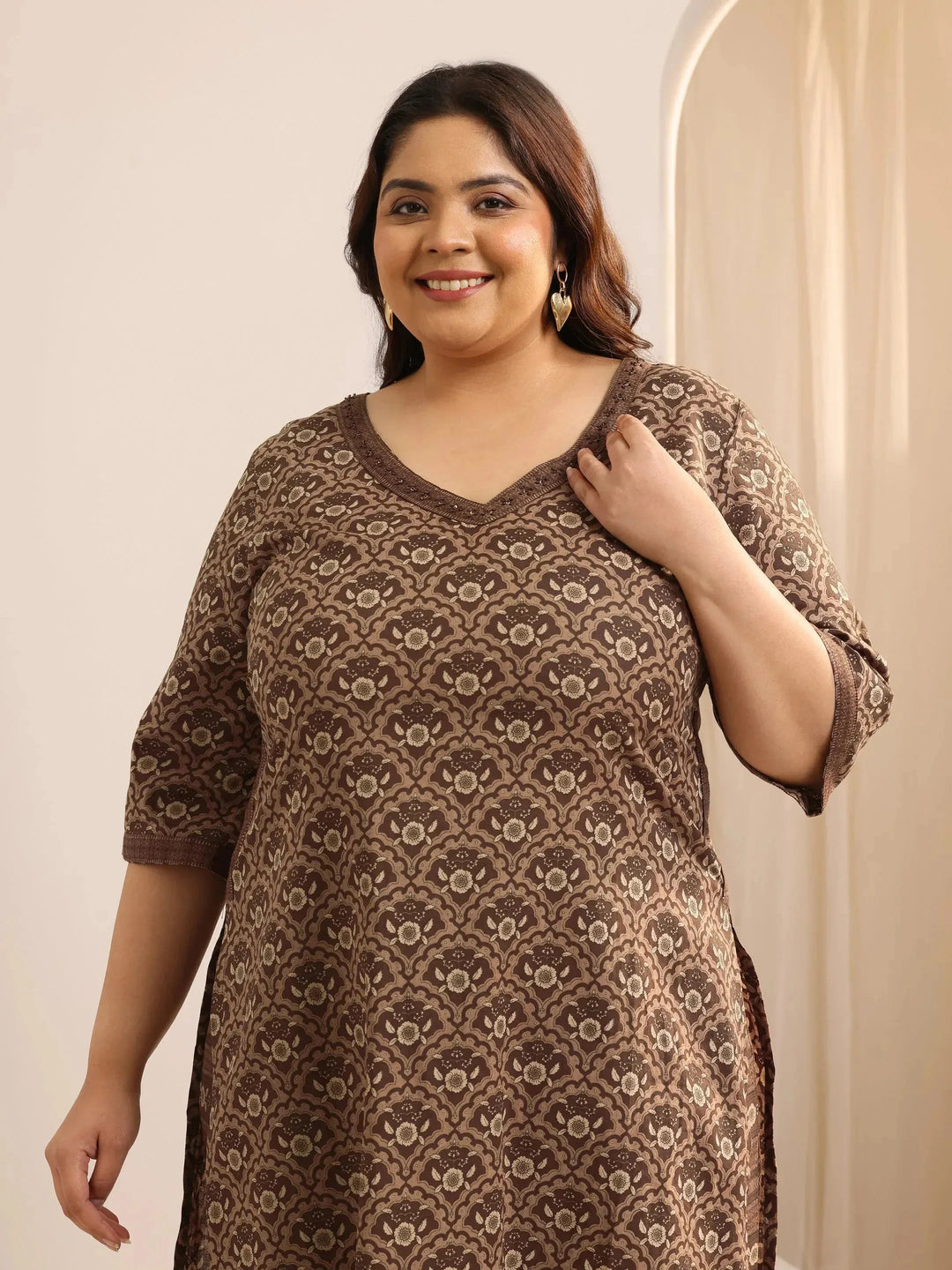  Plus Size Brown Printed Cotton Straight Kurta Set 
