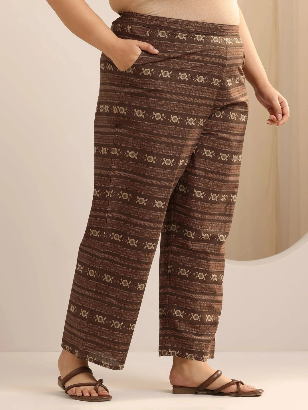  Plus Size Brown Printed Cotton Straight Kurta Set 