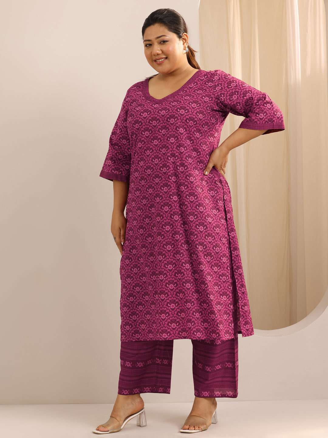  Plus Size Burgundy Printed Cotton Straight Kurta Set 