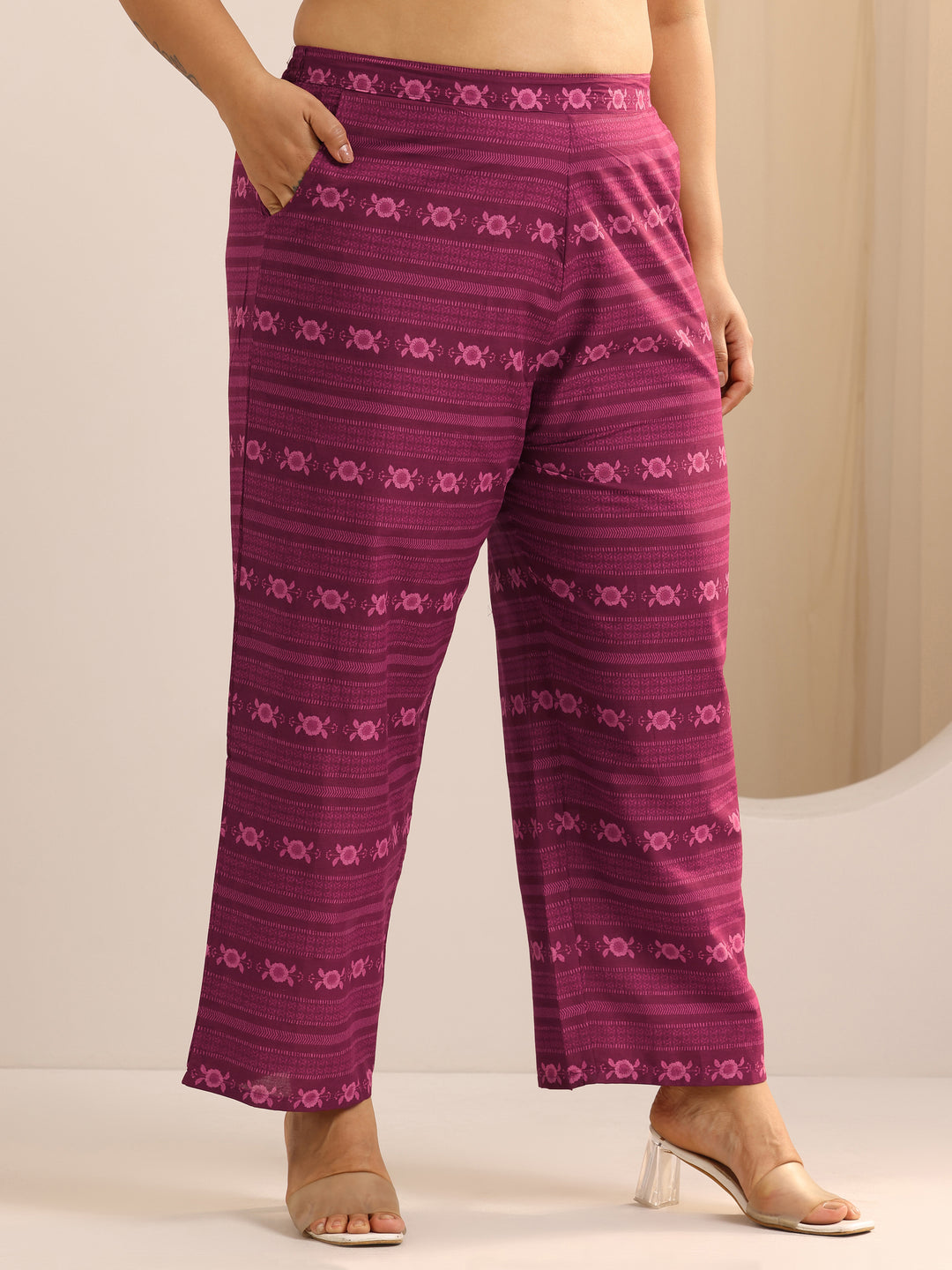  Plus Size Burgundy Printed Cotton Straight Kurta Set 