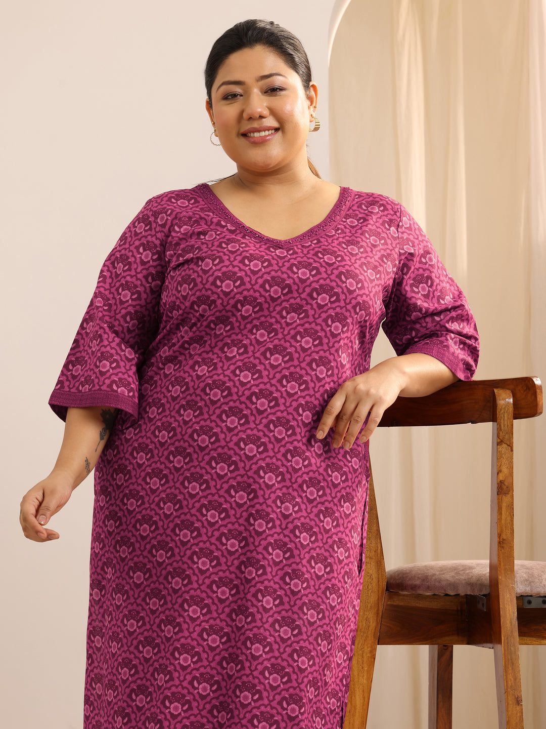  Plus Size Burgundy Printed Cotton Straight Kurta Set 