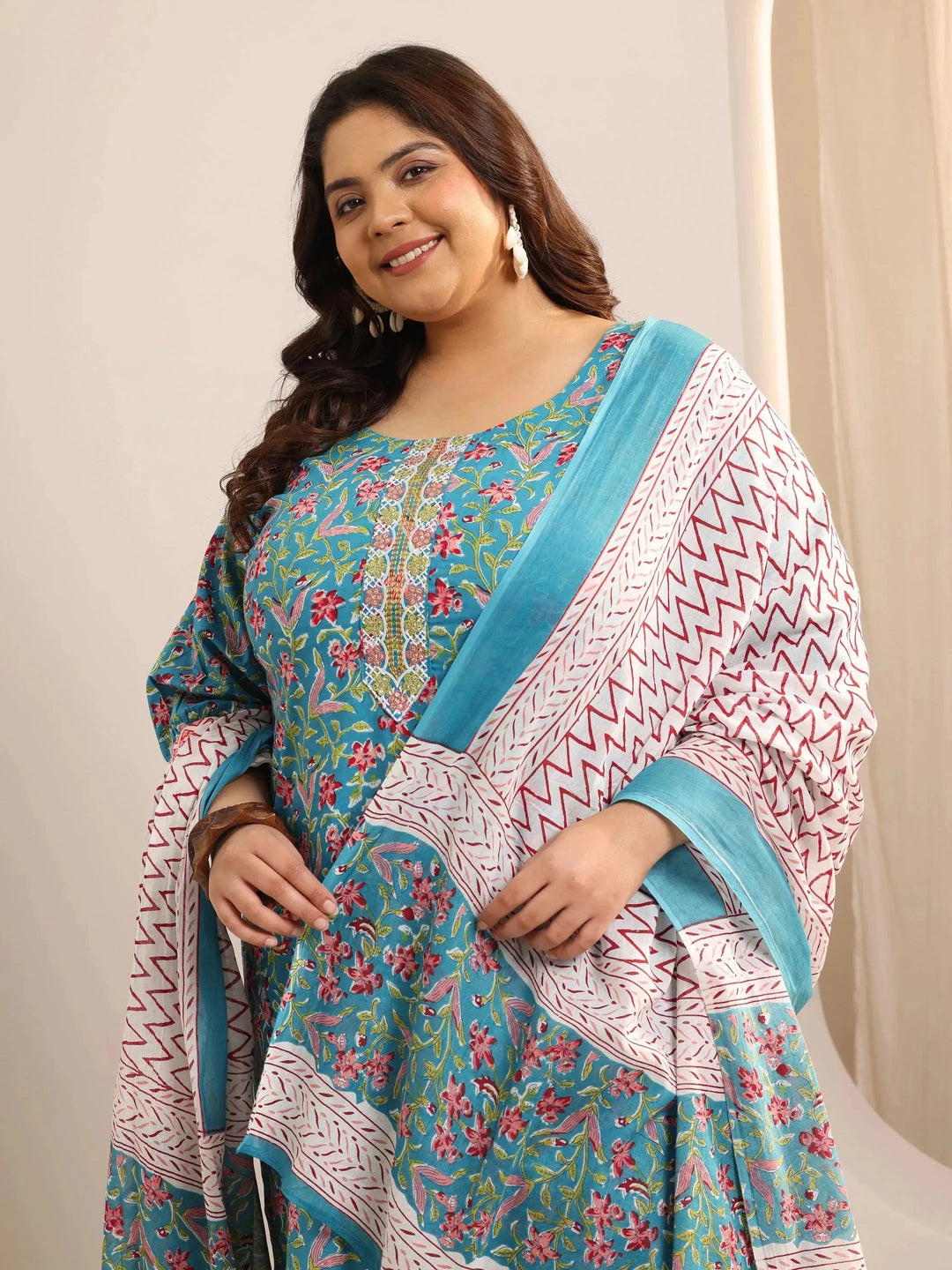  Plus Size Blue Printed Cotton Straight Suit Set With Dupatta 