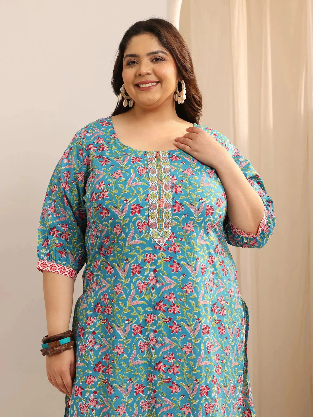  Plus Size Blue Printed Cotton Straight Suit Set With Dupatta 