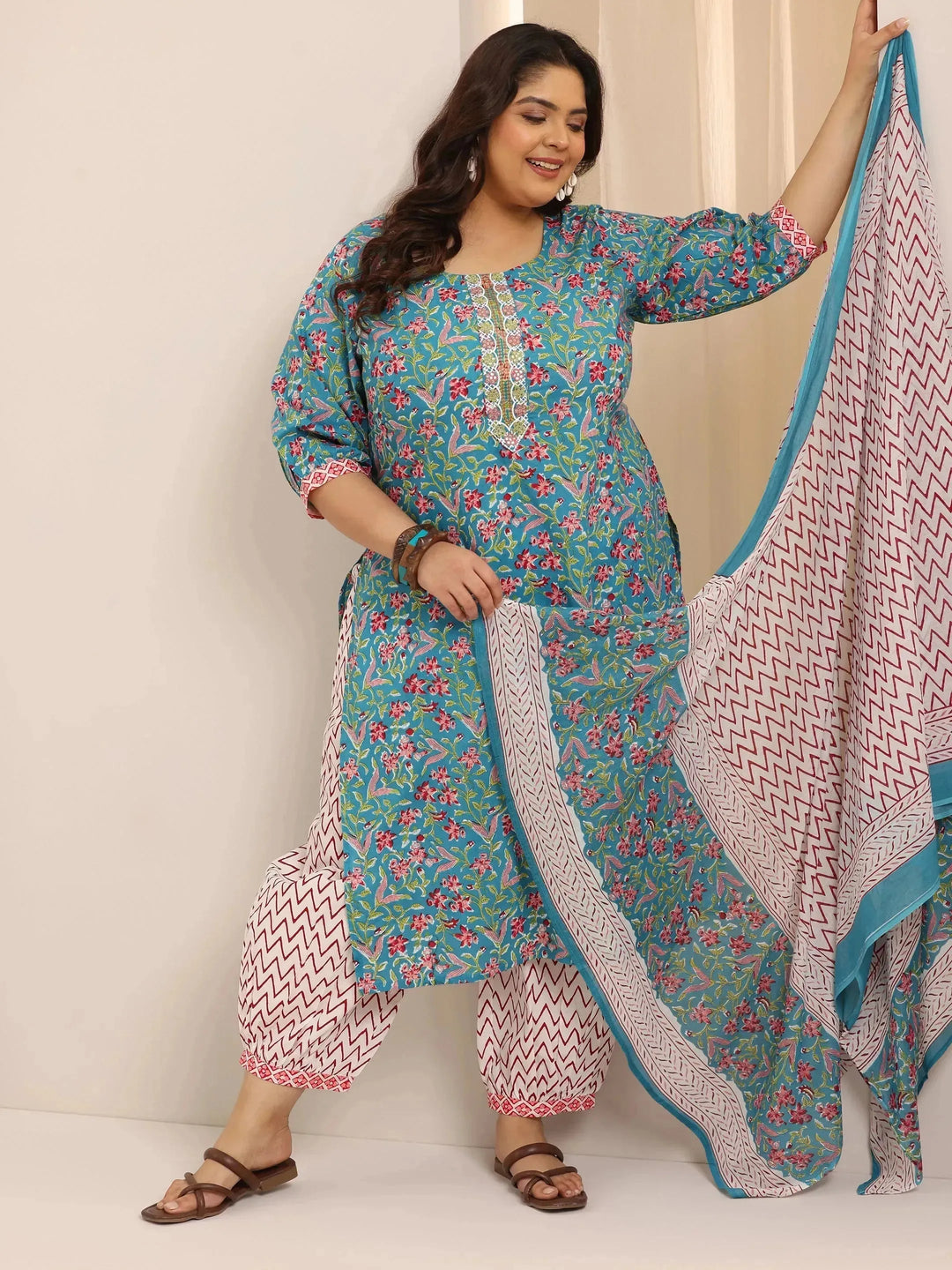  Plus Size Blue Printed Cotton Straight Suit Set With Dupatta 