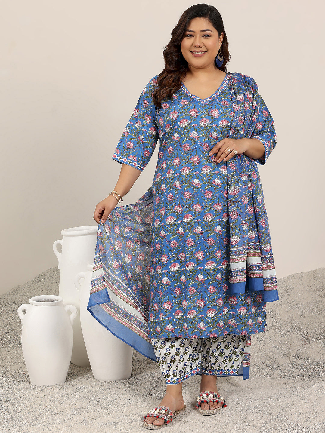  Plus Size Green Printed Cotton Straight Suit Set With Dupatta 