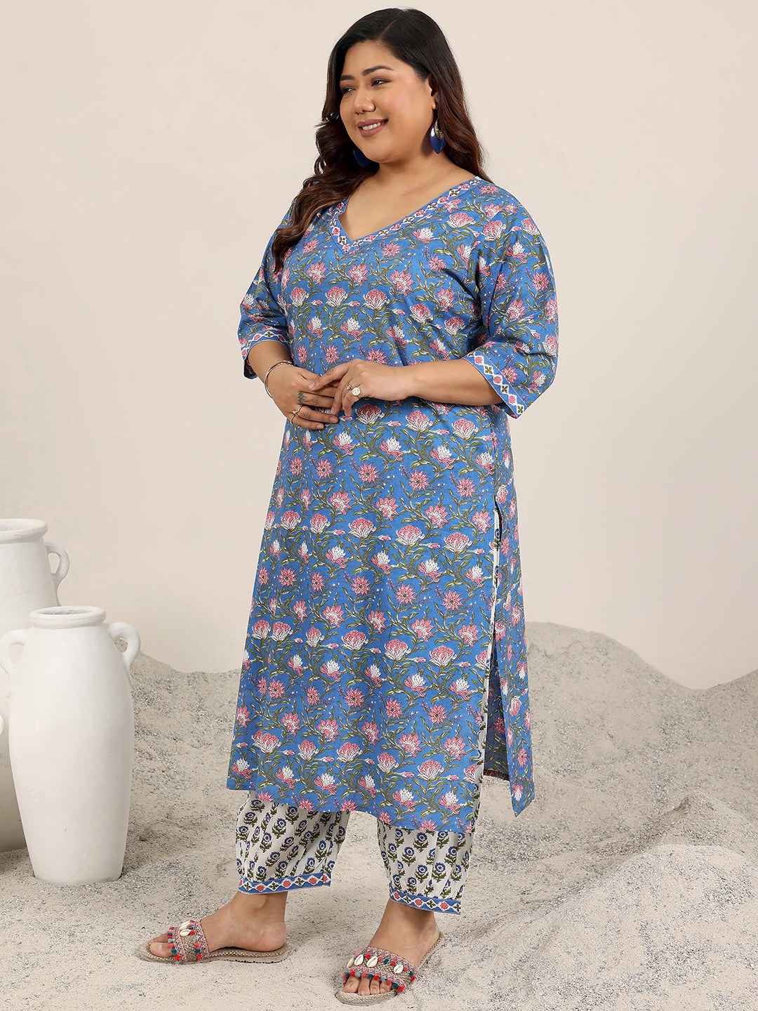  Plus Size Green Printed Cotton Straight Suit Set With Dupatta 