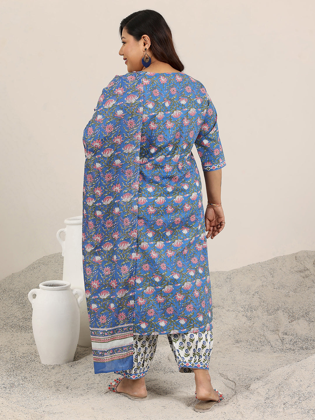  Plus Size Green Printed Cotton Straight Suit Set With Dupatta 