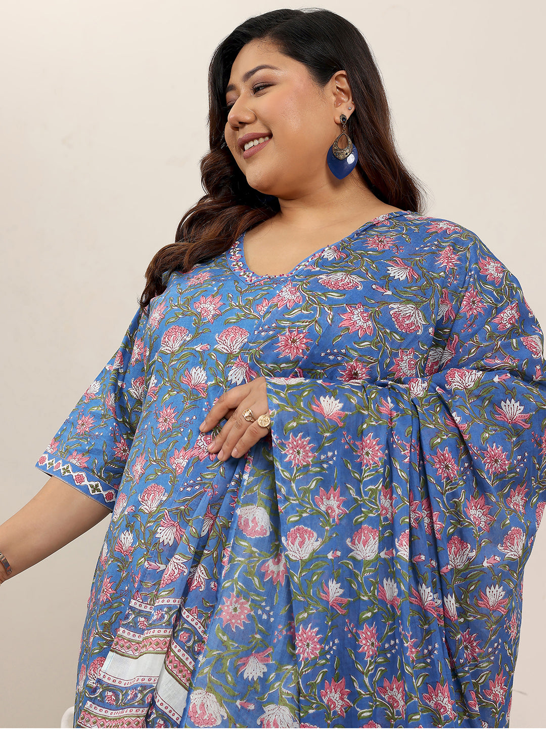 Plus Size Green Printed Cotton Straight Suit Set With Dupatta