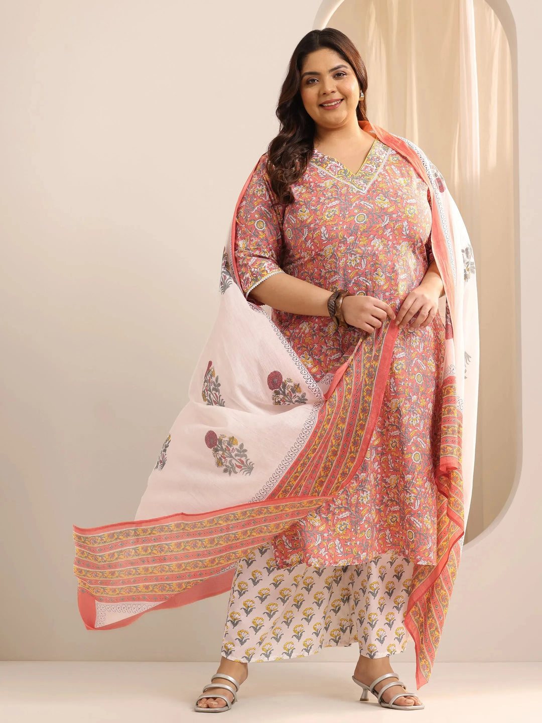 Plus Size Coral Printed Cotton Straight Suit Set With Dupatta