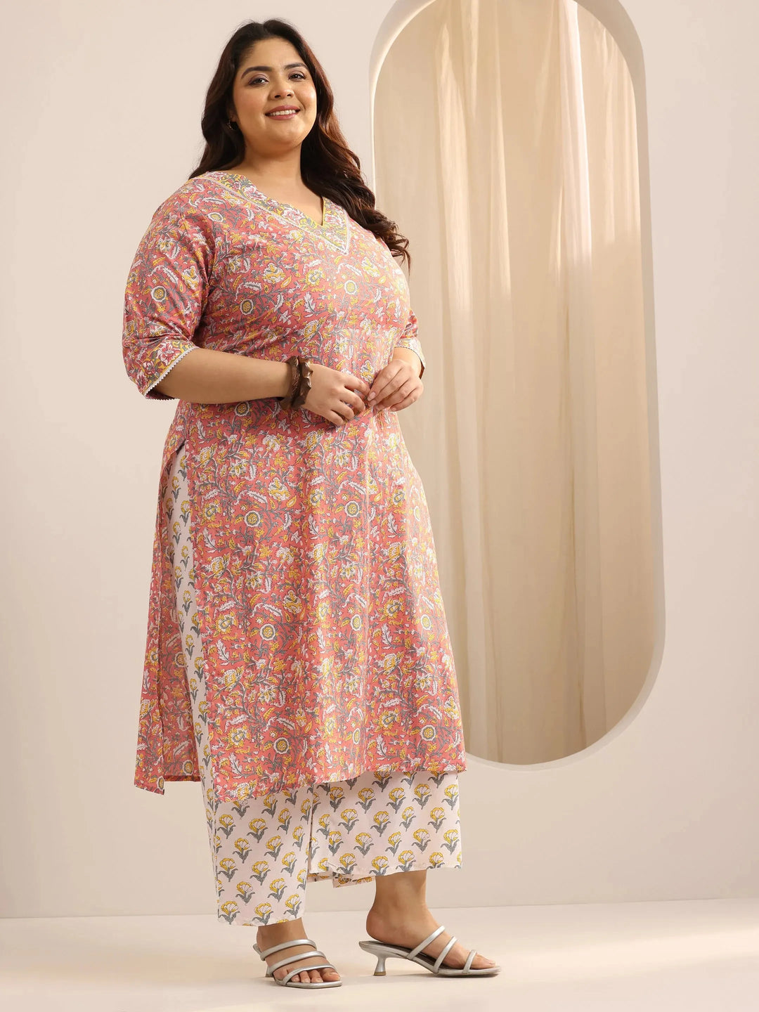  Plus Size Coral Printed Cotton Straight Suit Set With Dupatta 