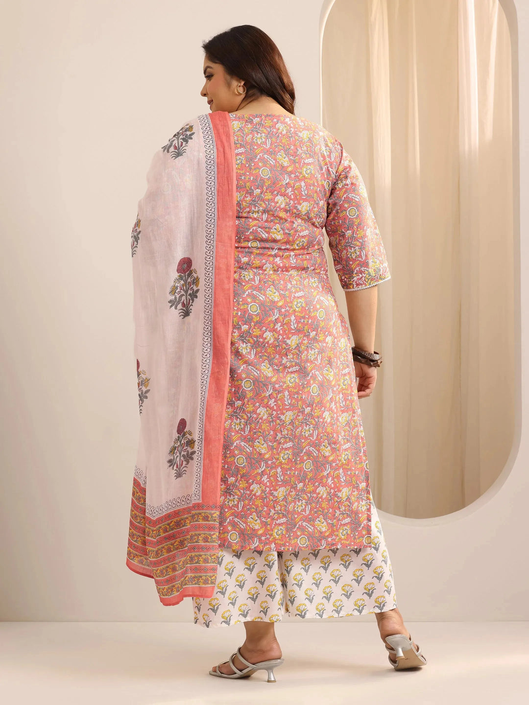  Plus Size Coral Printed Cotton Straight Suit Set With Dupatta 