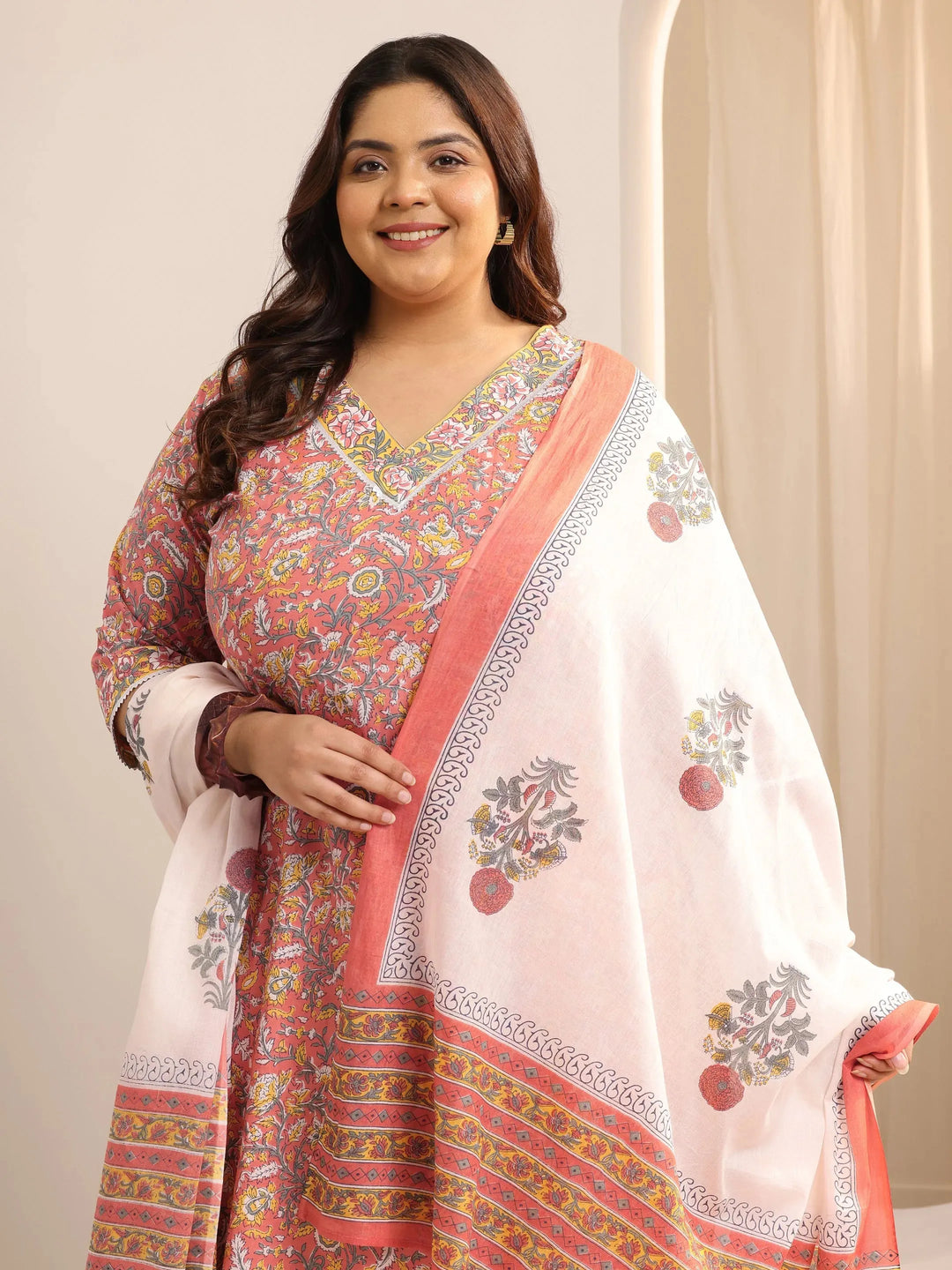  Plus Size Coral Printed Cotton Straight Suit Set With Dupatta 