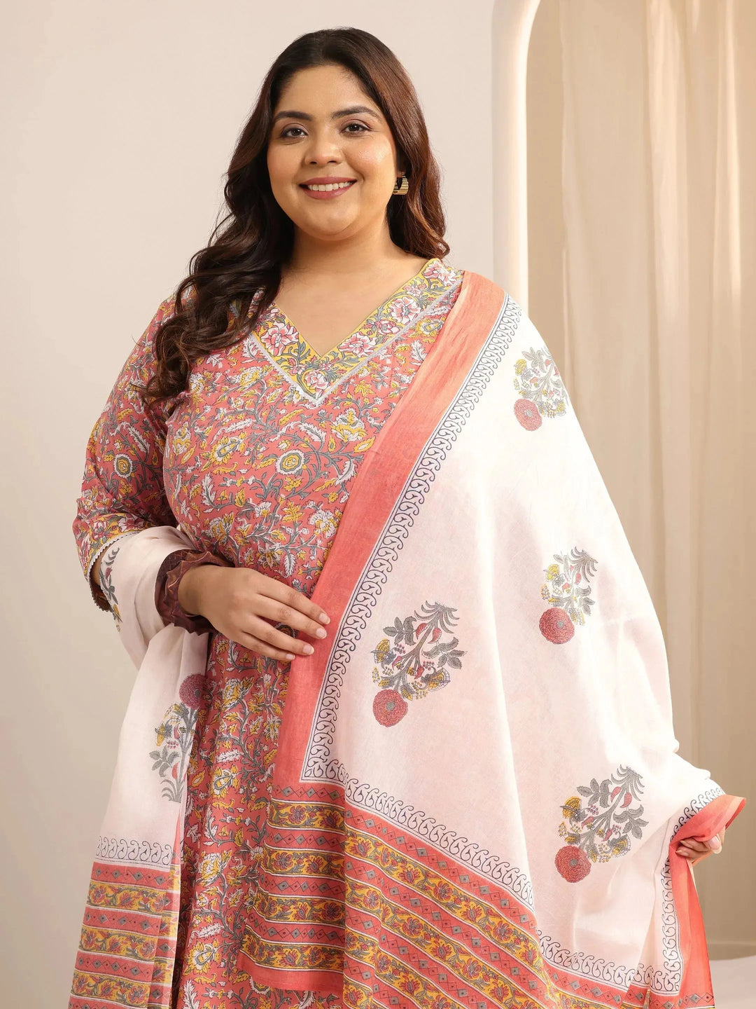  Plus Size Coral Printed Cotton Straight Suit Set With Dupatta 