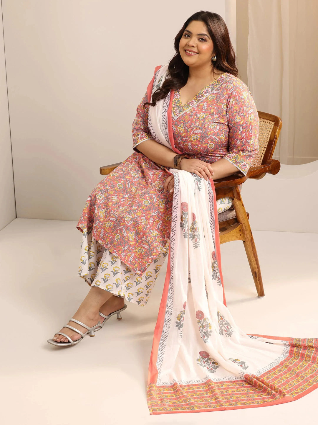  Plus Size Coral Printed Cotton Straight Suit Set With Dupatta 