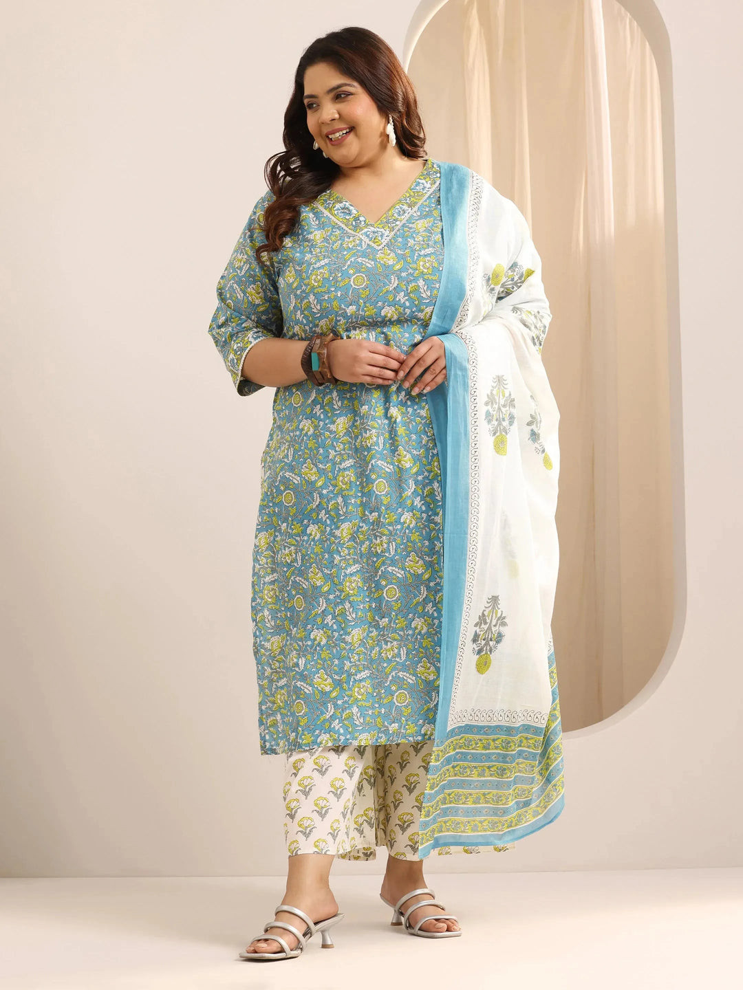  Plus Size Teal Printed Cotton Straight Suit Set With Dupatta 