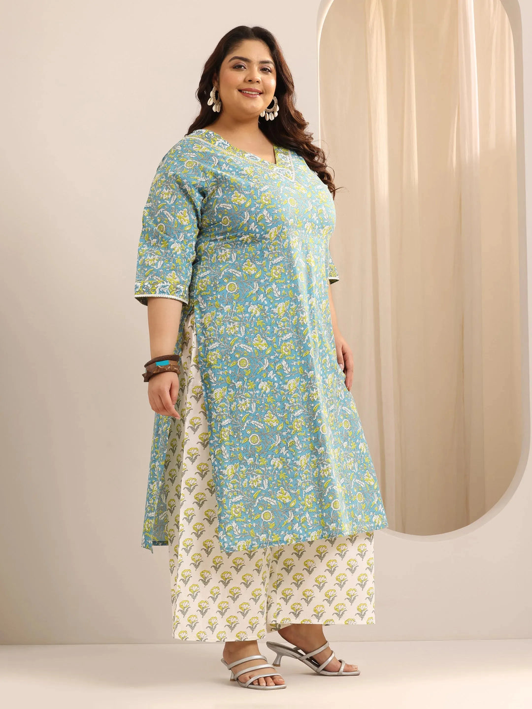  Plus Size Teal Printed Cotton Straight Suit Set With Dupatta 