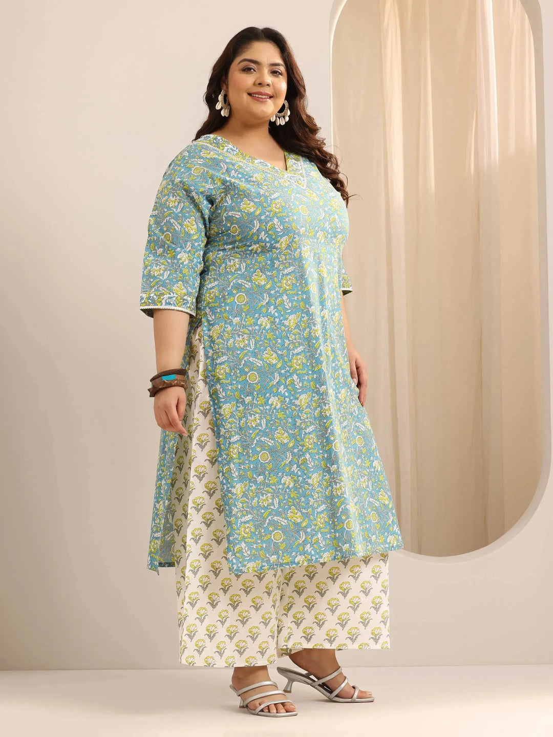 Plus Size Teal Printed Cotton Straight Suit Set With Dupatta