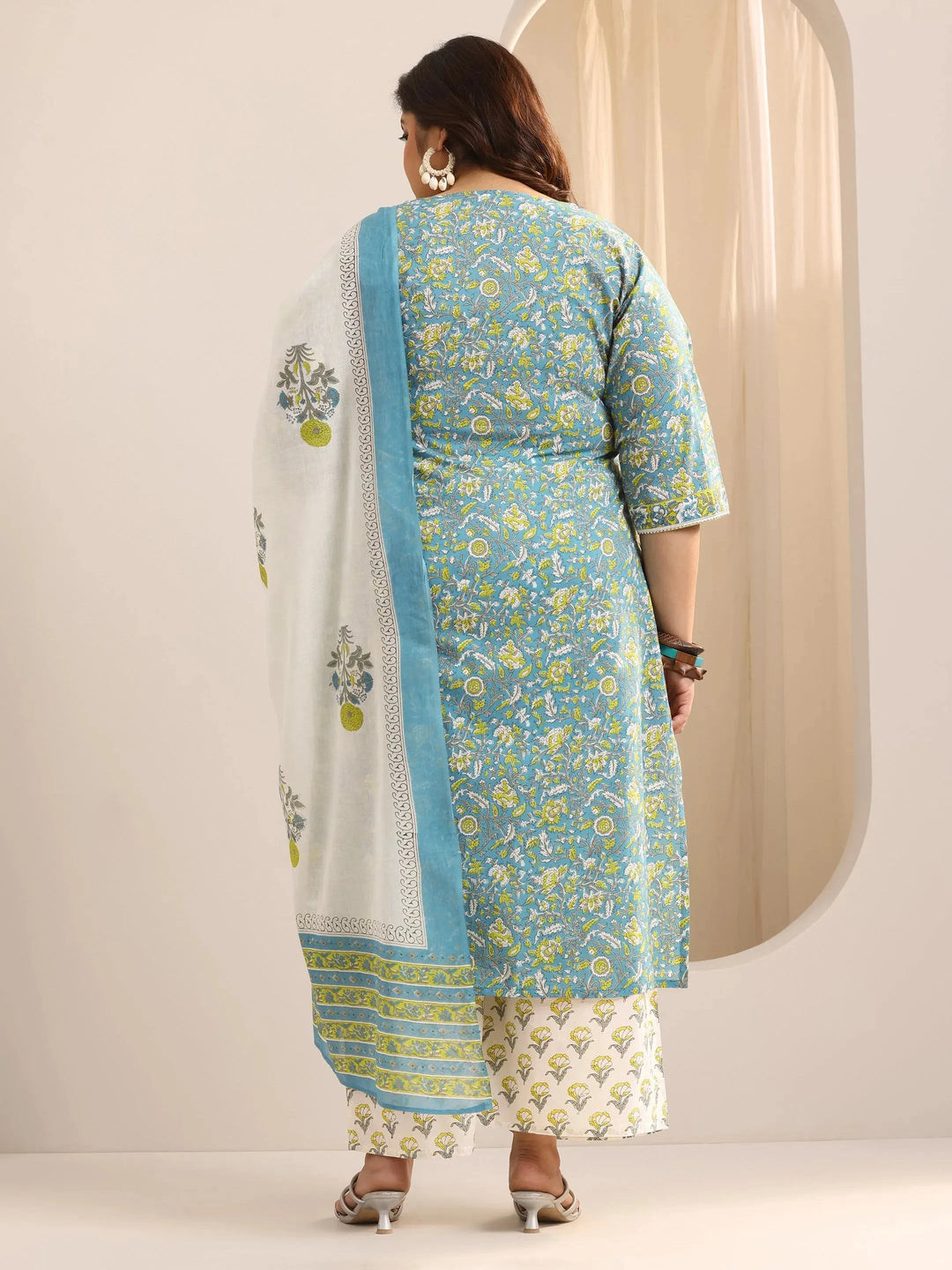  Plus Size Teal Printed Cotton Straight Suit Set With Dupatta 