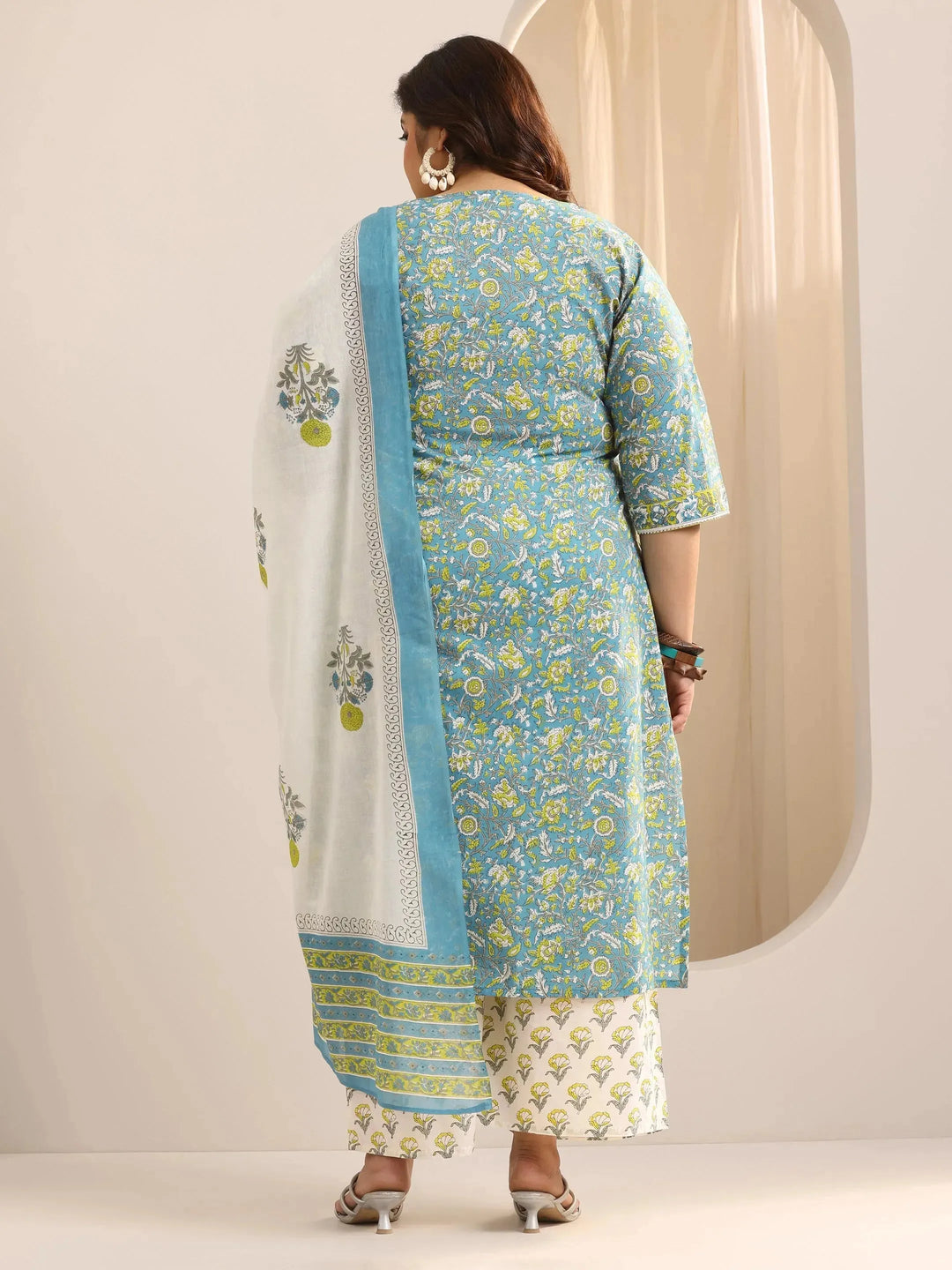  Plus Size Teal Printed Cotton Straight Suit Set With Dupatta 