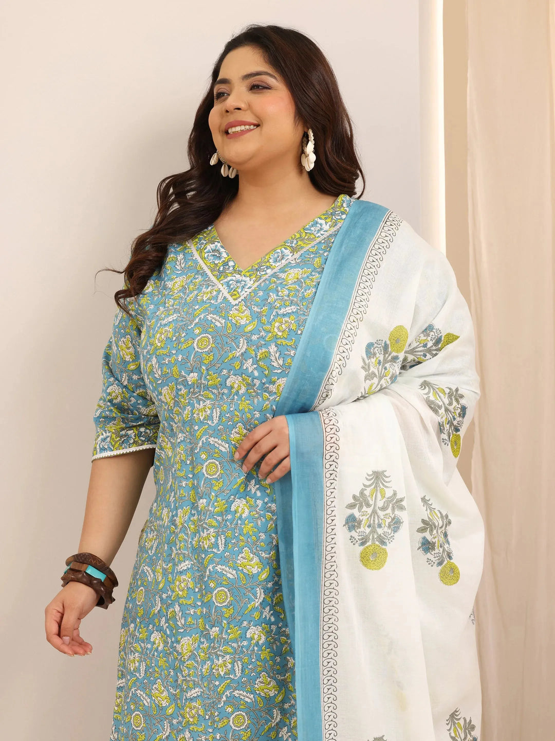 Plus Size Teal Printed Cotton Straight Suit Set With Dupatta