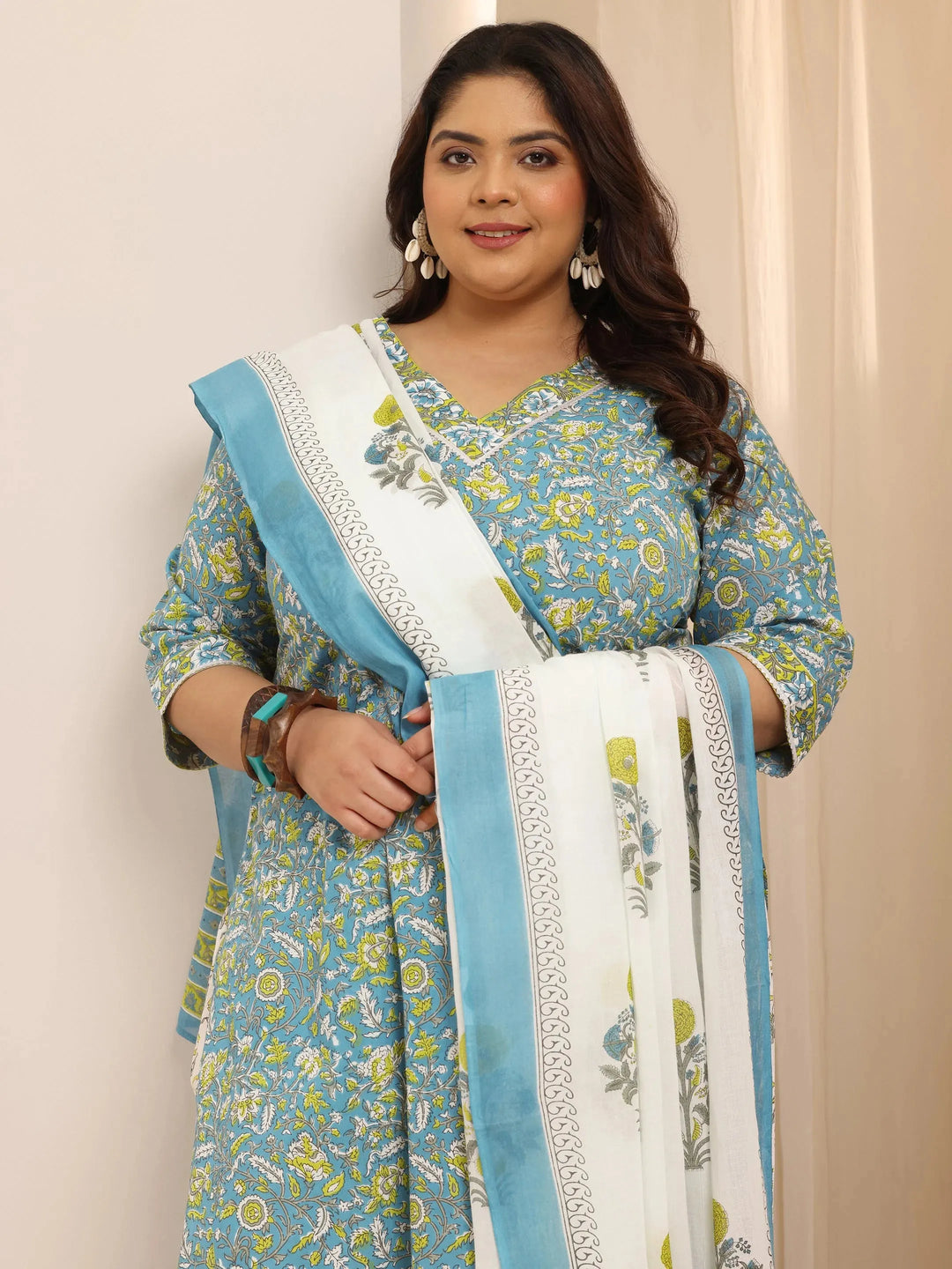  Plus Size Teal Printed Cotton Straight Suit Set With Dupatta 