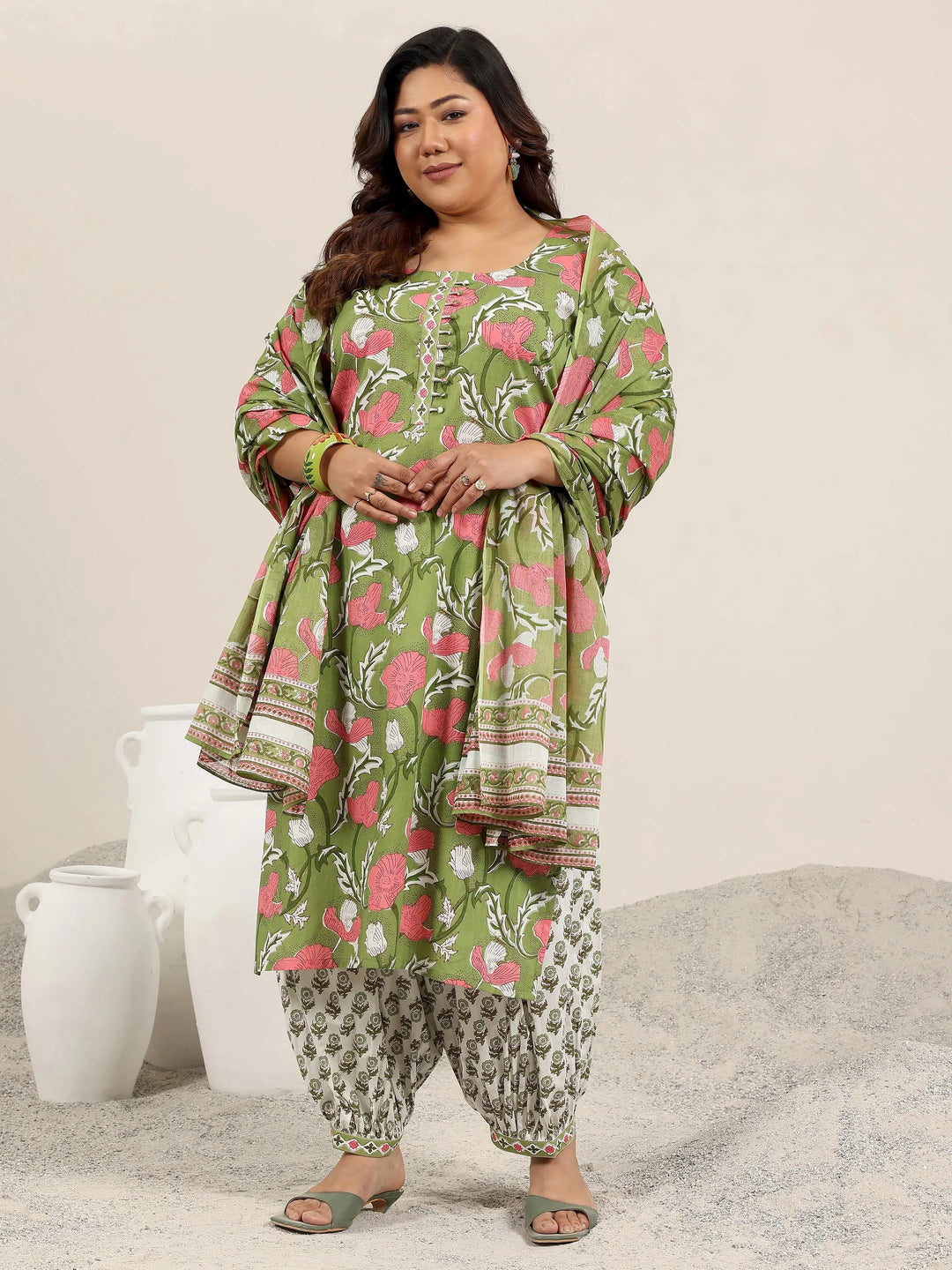  Plus Size Green Printed Cotton Straight Suit Set With Dupatta 