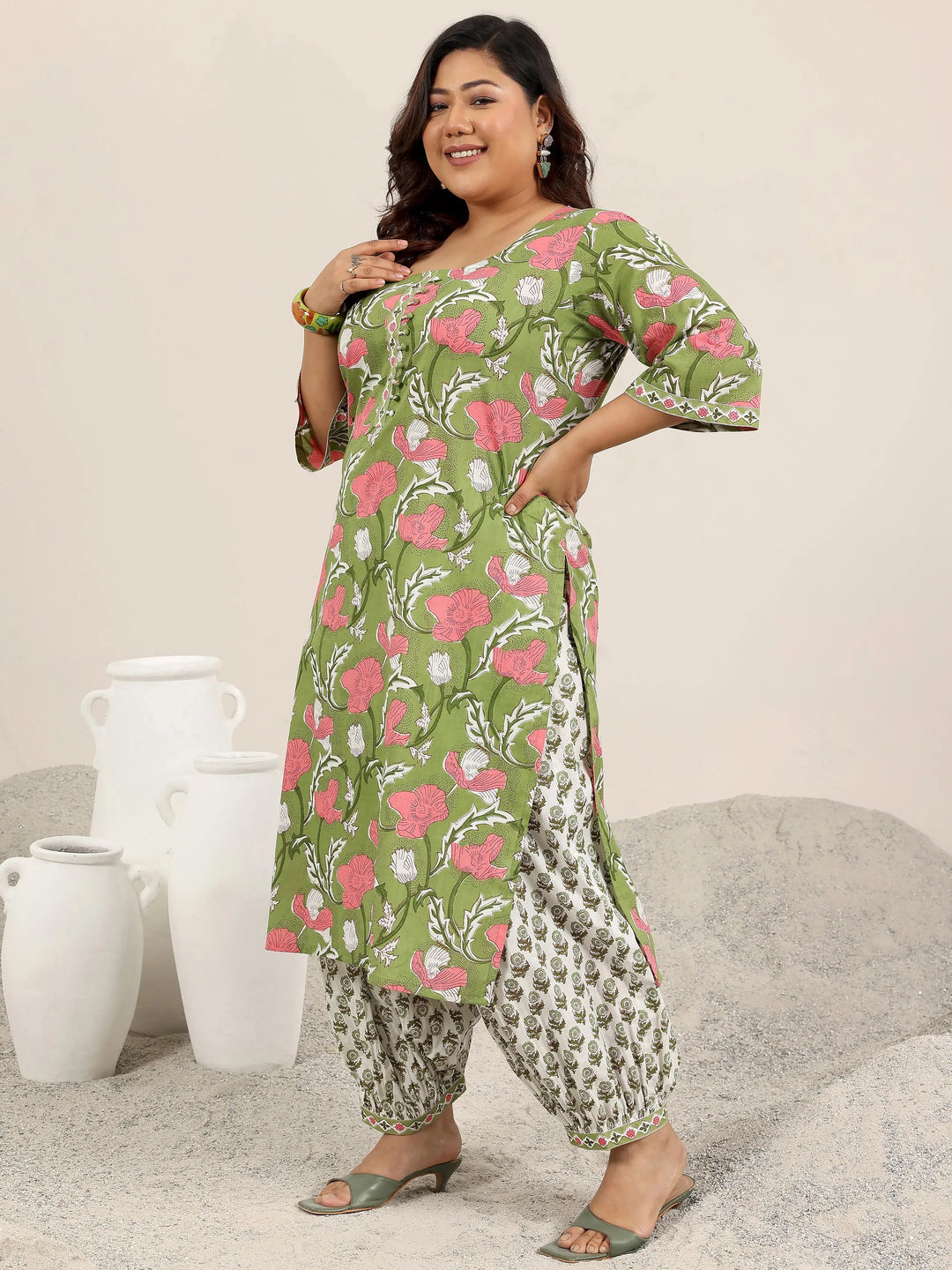  Plus Size Green Printed Cotton Straight Suit Set With Dupatta 