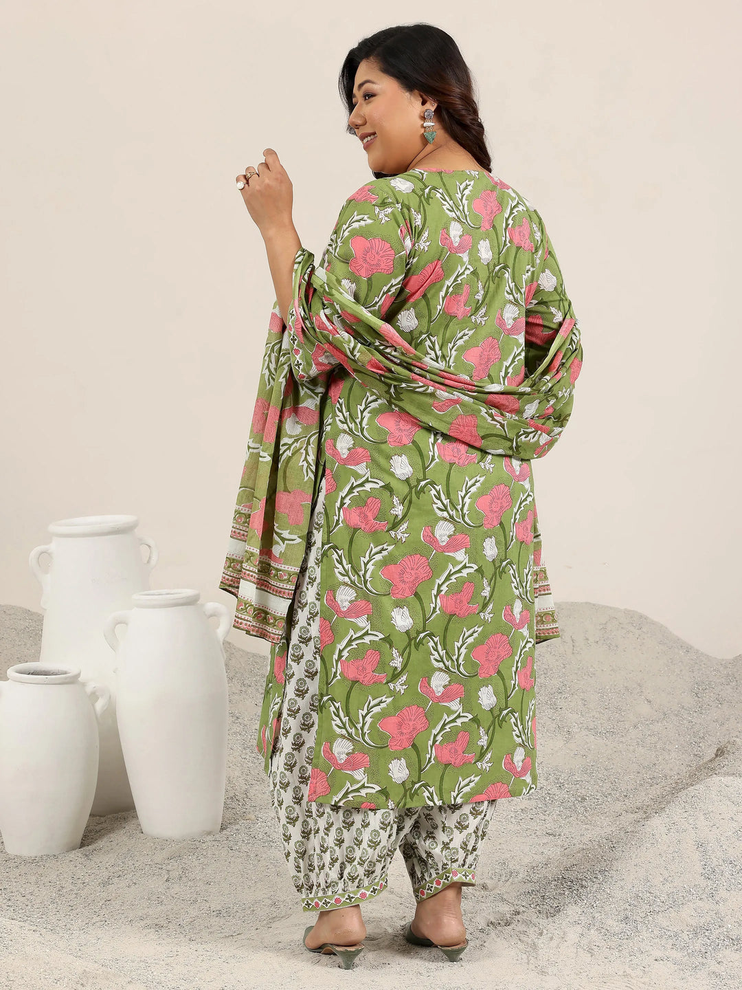  Plus Size Green Printed Cotton Straight Suit Set With Dupatta 