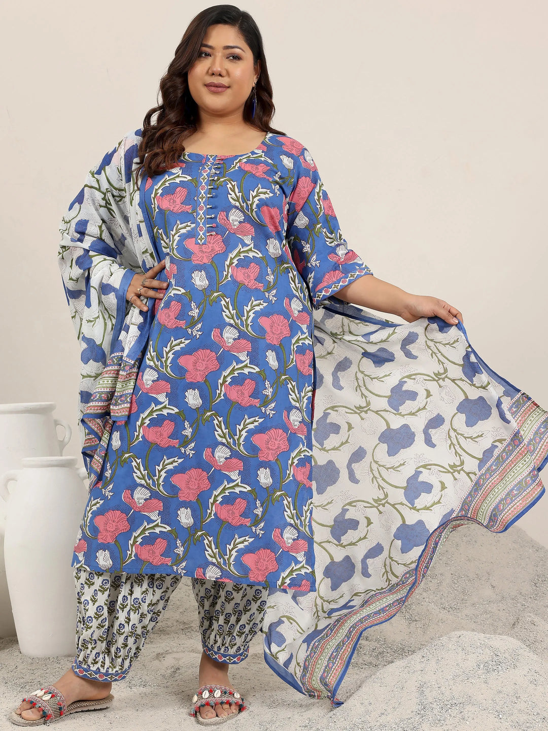 Plus Size Blue Printed Cotton Straight Suit Set With Dupatta